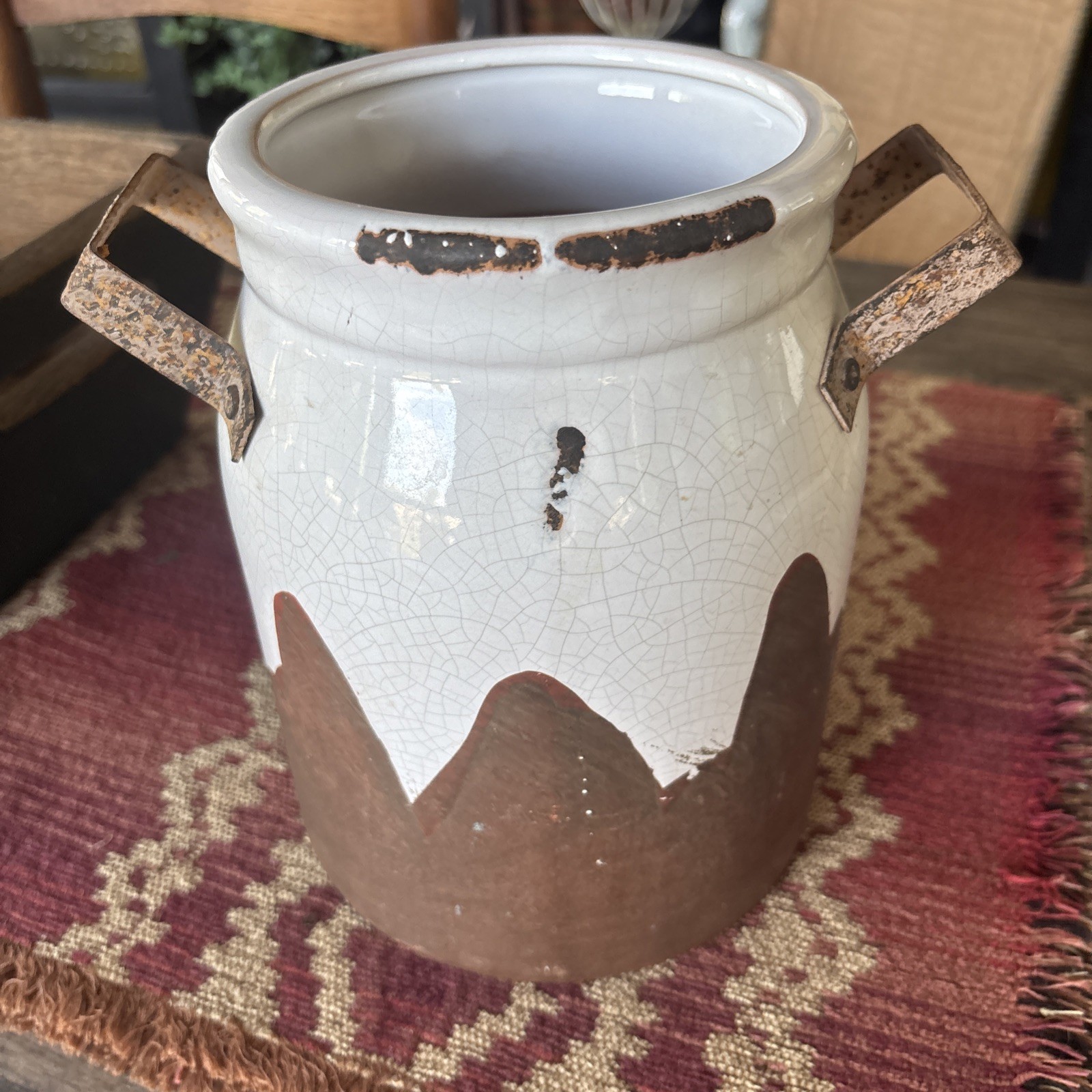 Very Unique Vintage Hand-Painted Rustic Open Crock w/Metal Handles