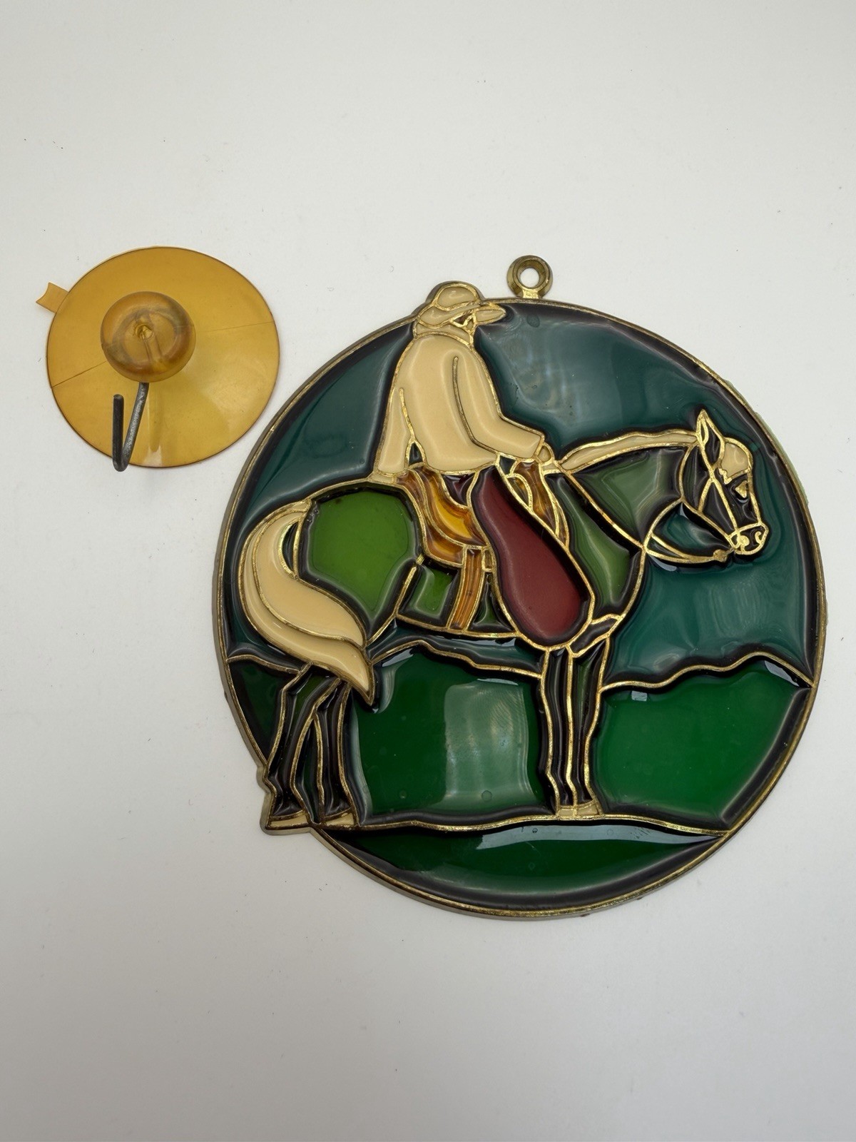 Equestrian Horse Suncatcher Round 4 1/8″ Cowboy Vintage Glass With Metal Frame