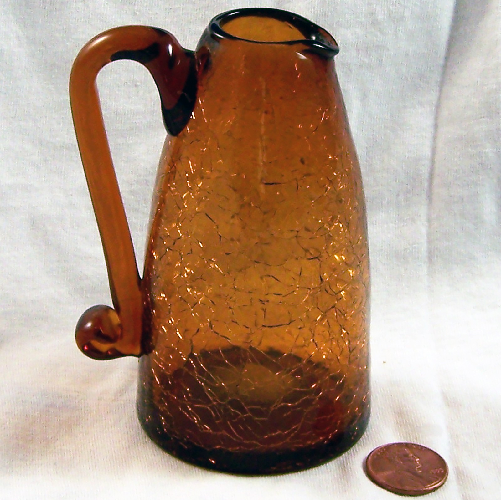 Vintage Small Blown Brown Crackle Glass Bud Vase Jug With Handle 4″ Inches Tall