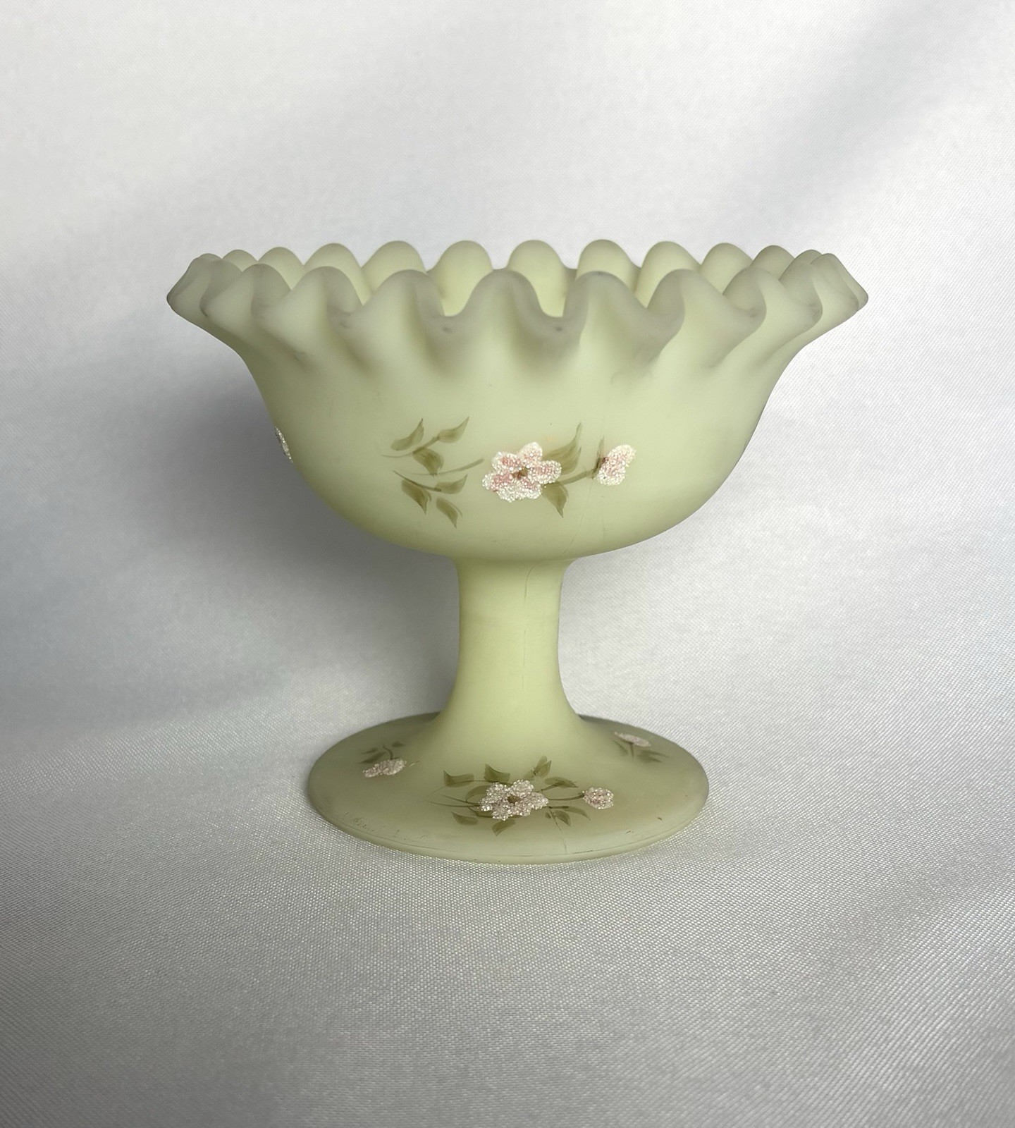 Signed URANIUM Fenton Satin Custard Glass Compote Ruffled Edge & Pink Flowers