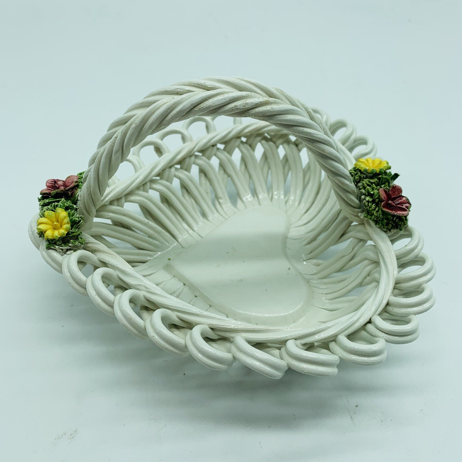 Metal/Wire Flower Handmade Basket Italian Woven 7” with pink and yellow flowers