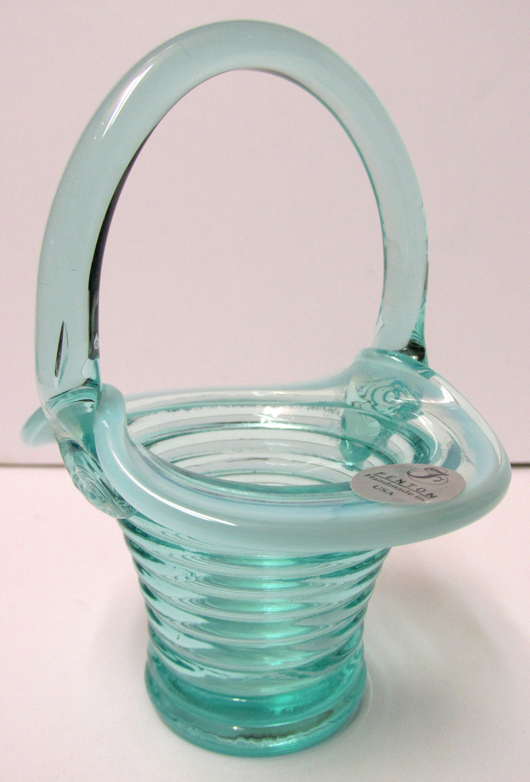 4502T1 ‘Rings’ Miniature Basket “Robin’s Egg Blue” Art Glass w/French Opalescent