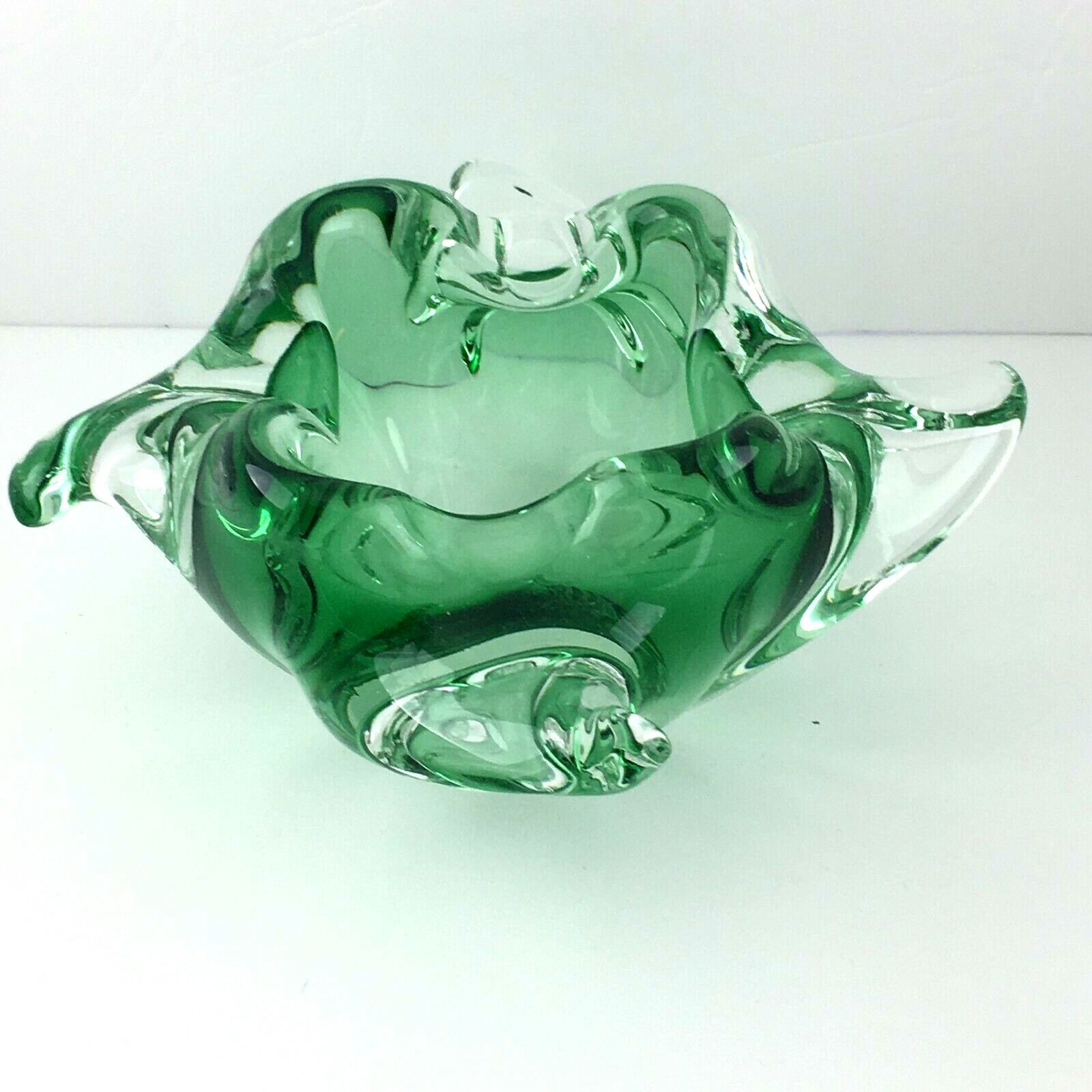 Art Glass Green Candy Dish Windmill Shape Clear Wings Trinket Dish Heavy MCM
