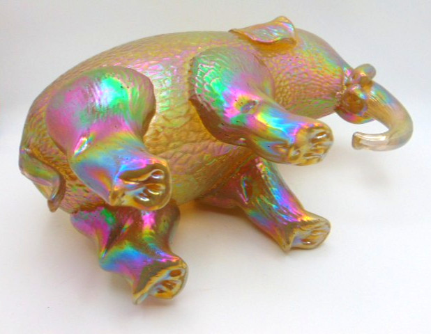 12″ Loetz Candia Silberiris Martele Art Glass Elephant w Brass Liquor Tray