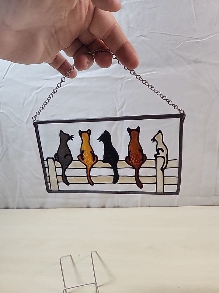 Stained Glass Framed Window Panel FIVE CATS ON A FENCE 7″ x 4 1/8″ Chain Hanger