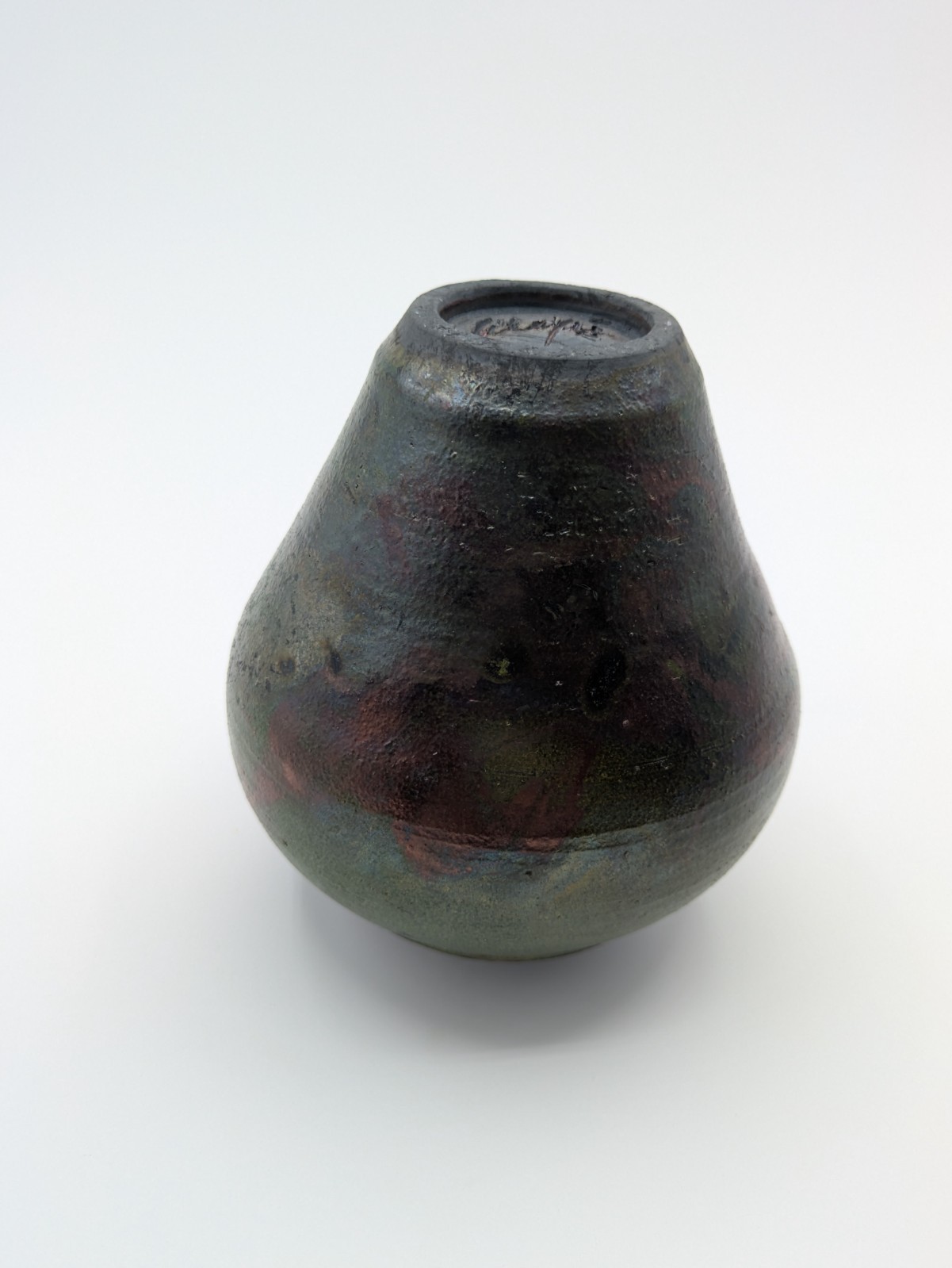 Artist Signed Studio Green Raku Fired Iridescent Glazed Art Pottery Vase