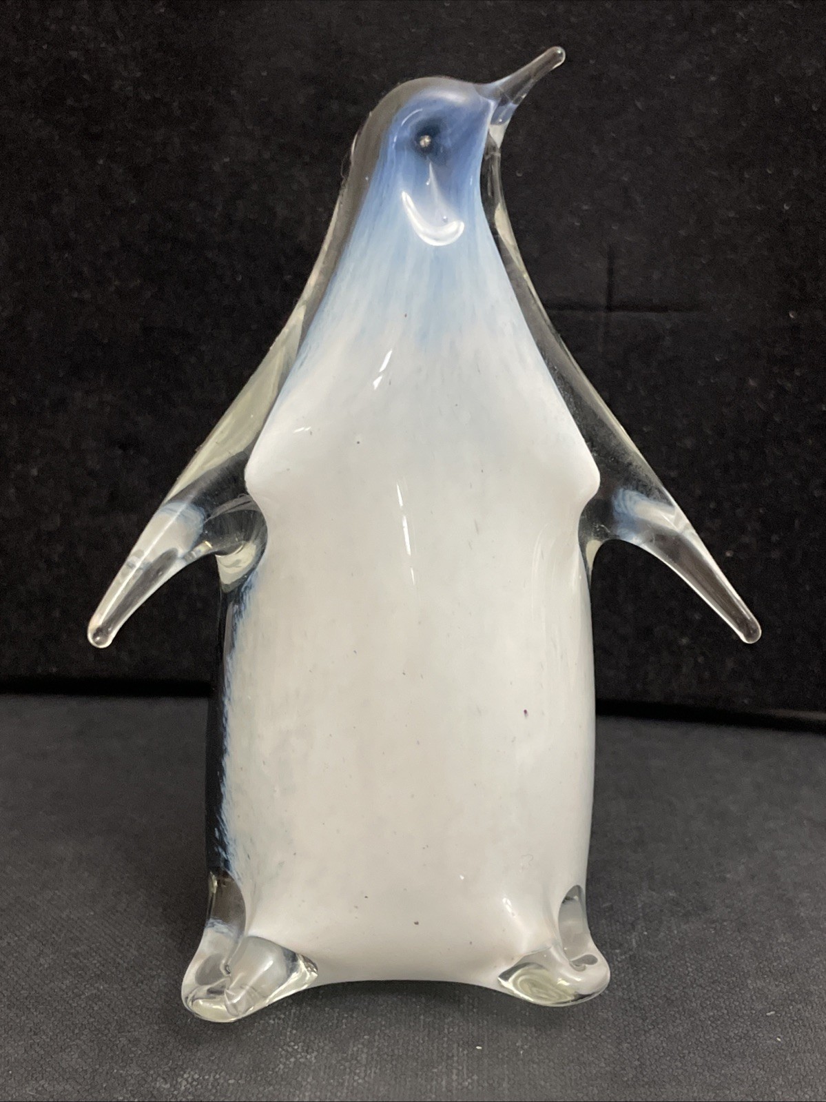 Hand Blown Murano Style Art Glass Penguin Figurine Black White Blue ~ 4.5”T