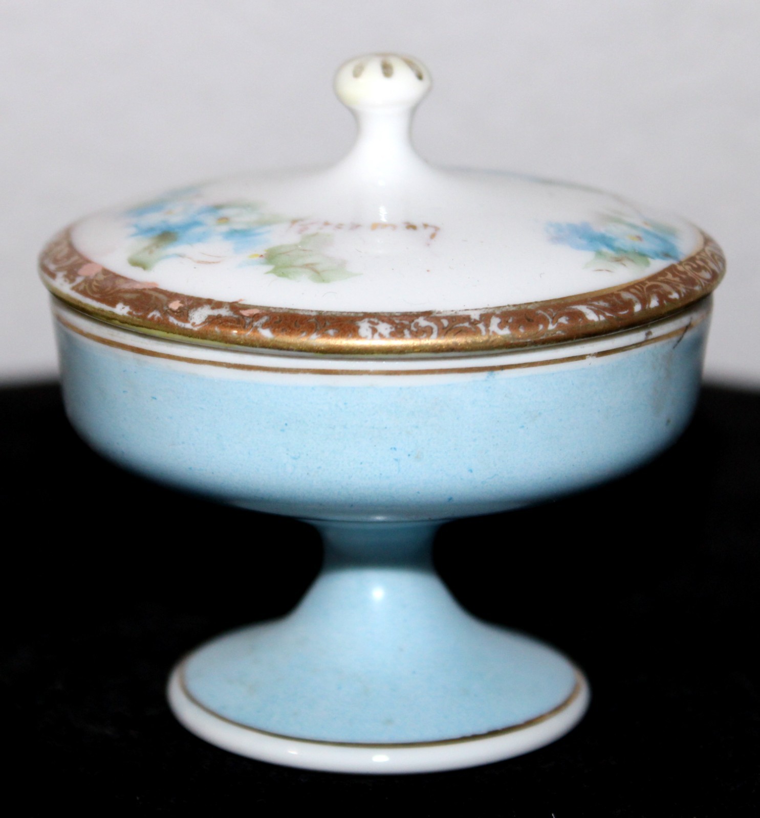 Nippon Porcelain Compote Dish Blue Flowers Signed Blue Sun Logo