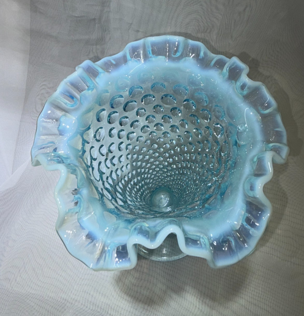 Vintage Fenton Aqua Blue Opalescent Hobnail Vase Ruffled Edge Large 7.5″ Pre 70s