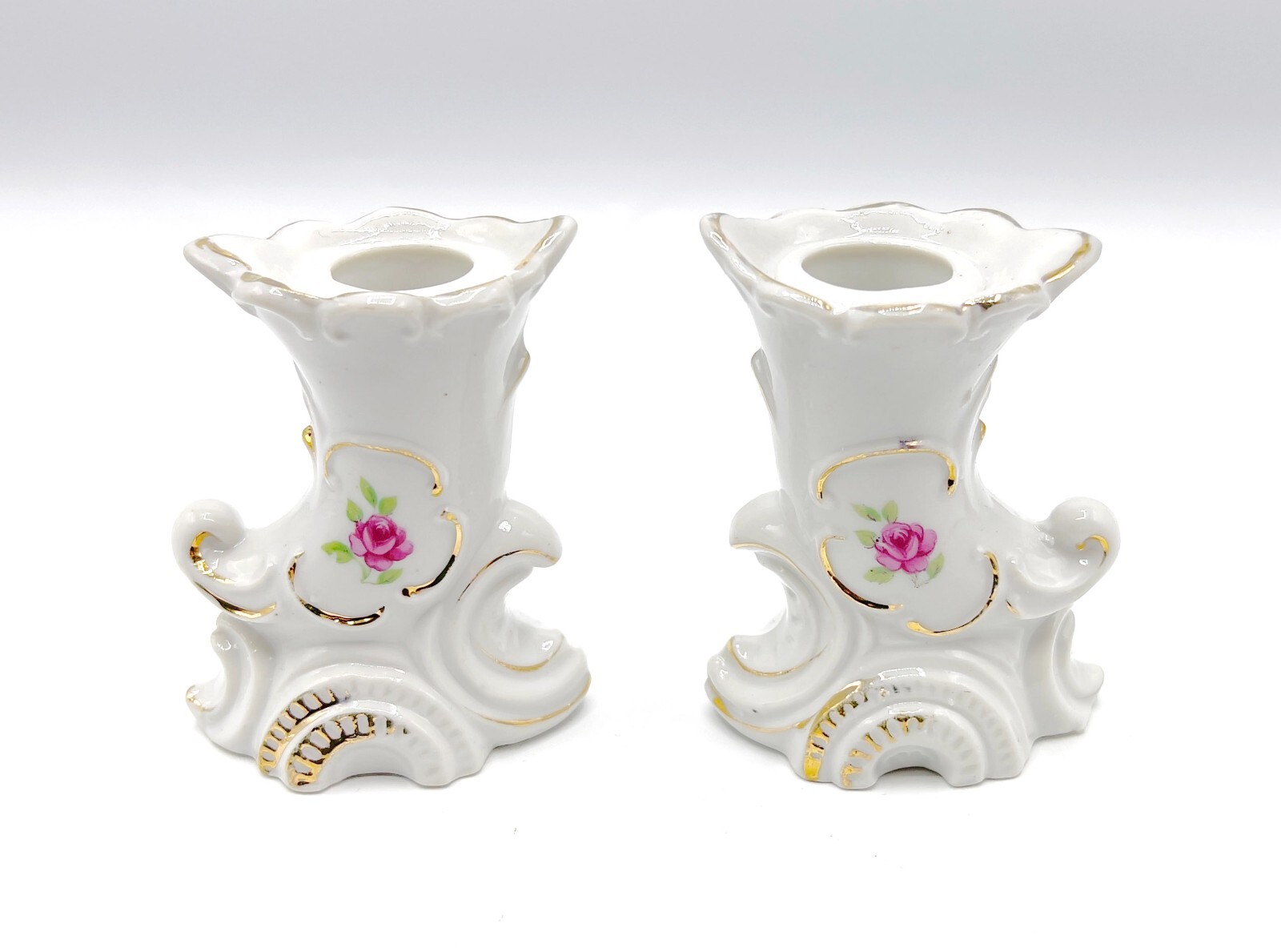 Vintage Floral Rose & Gold Accented Cornucopia Candle Holder Pair 1960’s Japan