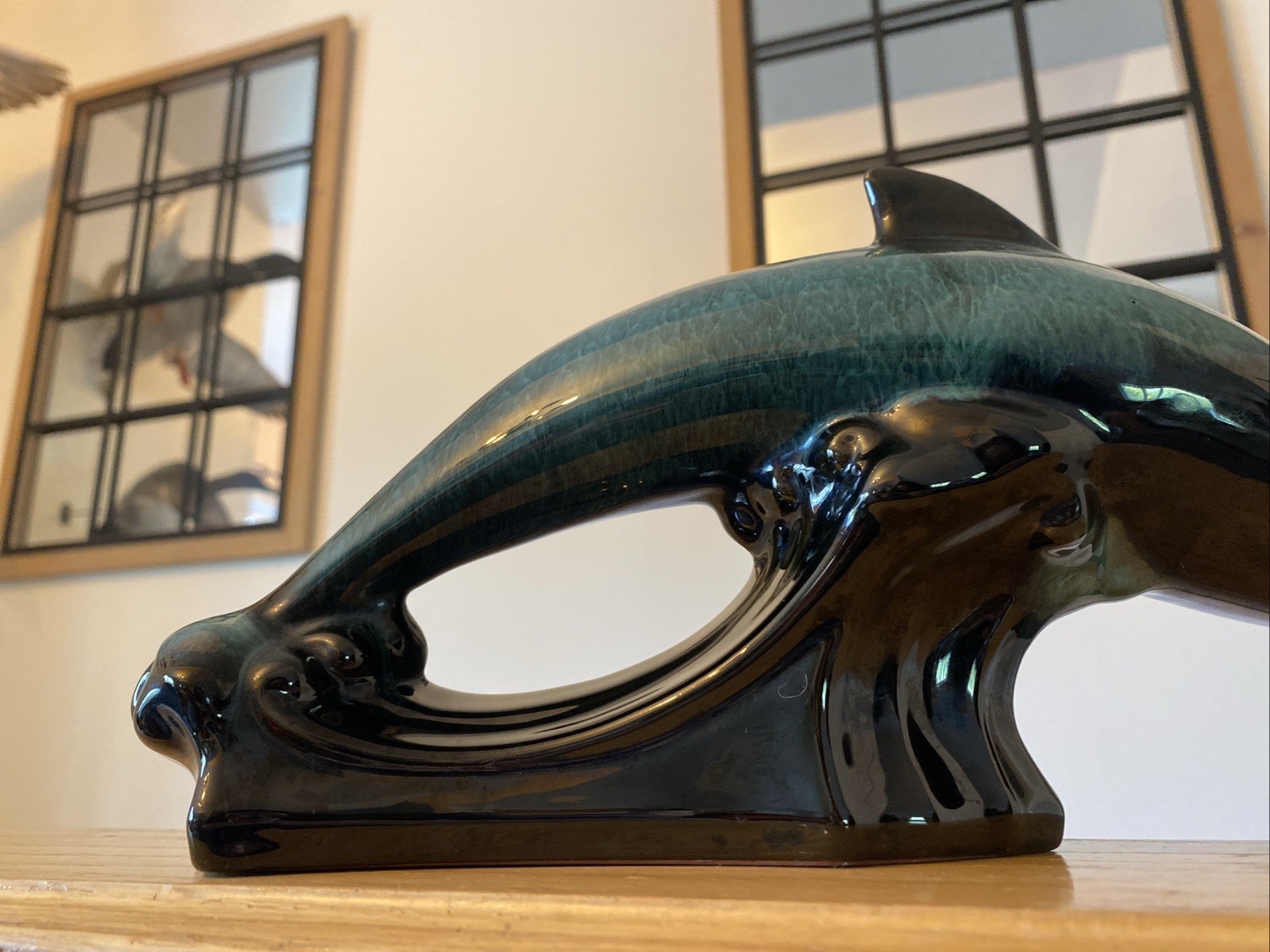 BLUE MOUNTAIN POTTERY JUMPING DOLPHIN DRIP GLAZE TURQUOISE BLACK WAVES 12″