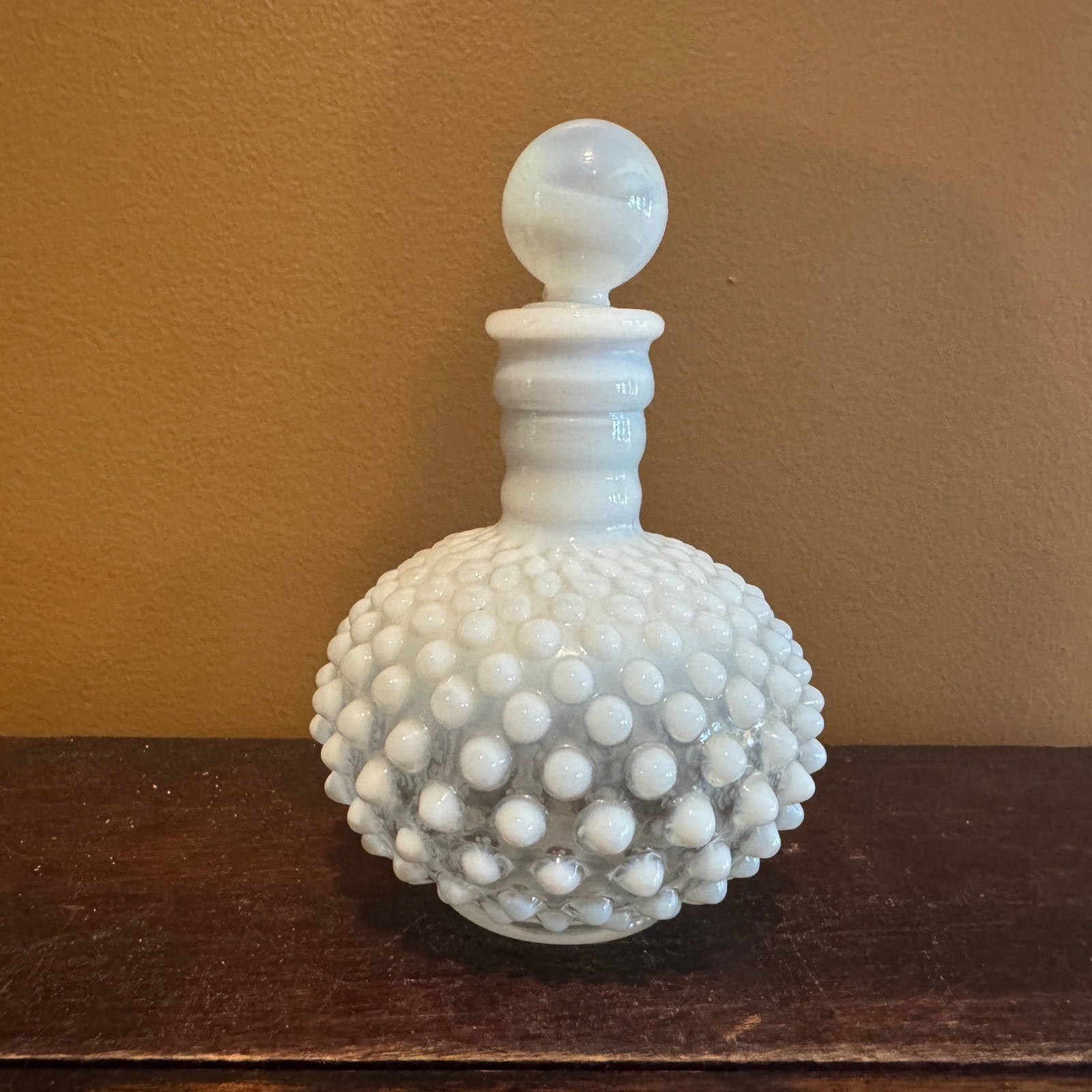 Vintage Ring of Fire Opalescent Milk Glass Hobnail Perfume Bottle & Stopper