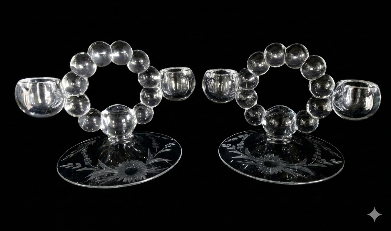 Imperial Glass Floral Etched Candlewick Double Taper Candle Holders Bubbles Pair