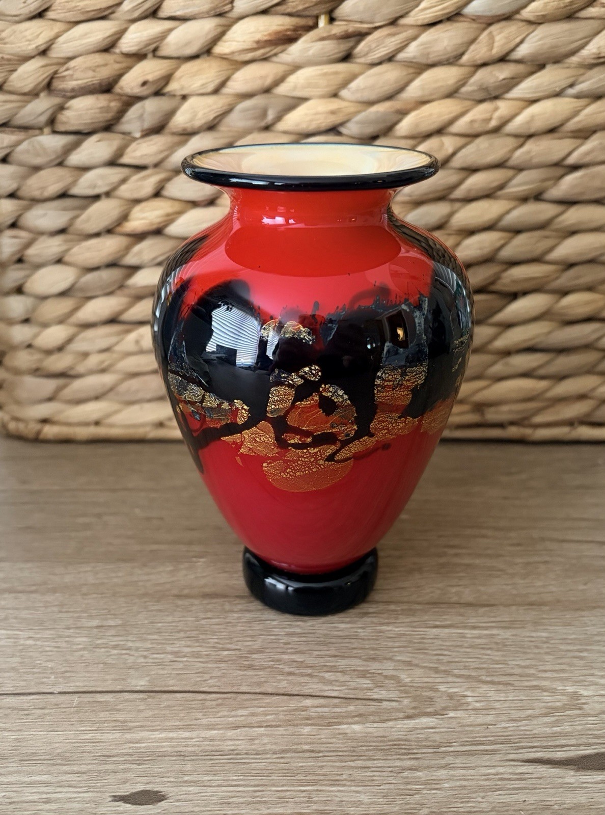 Michael Nourot Signed Studio Glass Incense Vase Jar 4.5” Tall Red Gold Black USA
