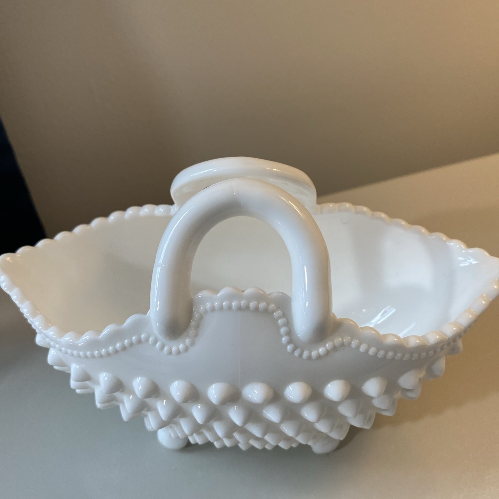 Fenton Milk Glass Hobnail Handled Basket Beaded Edge Footed