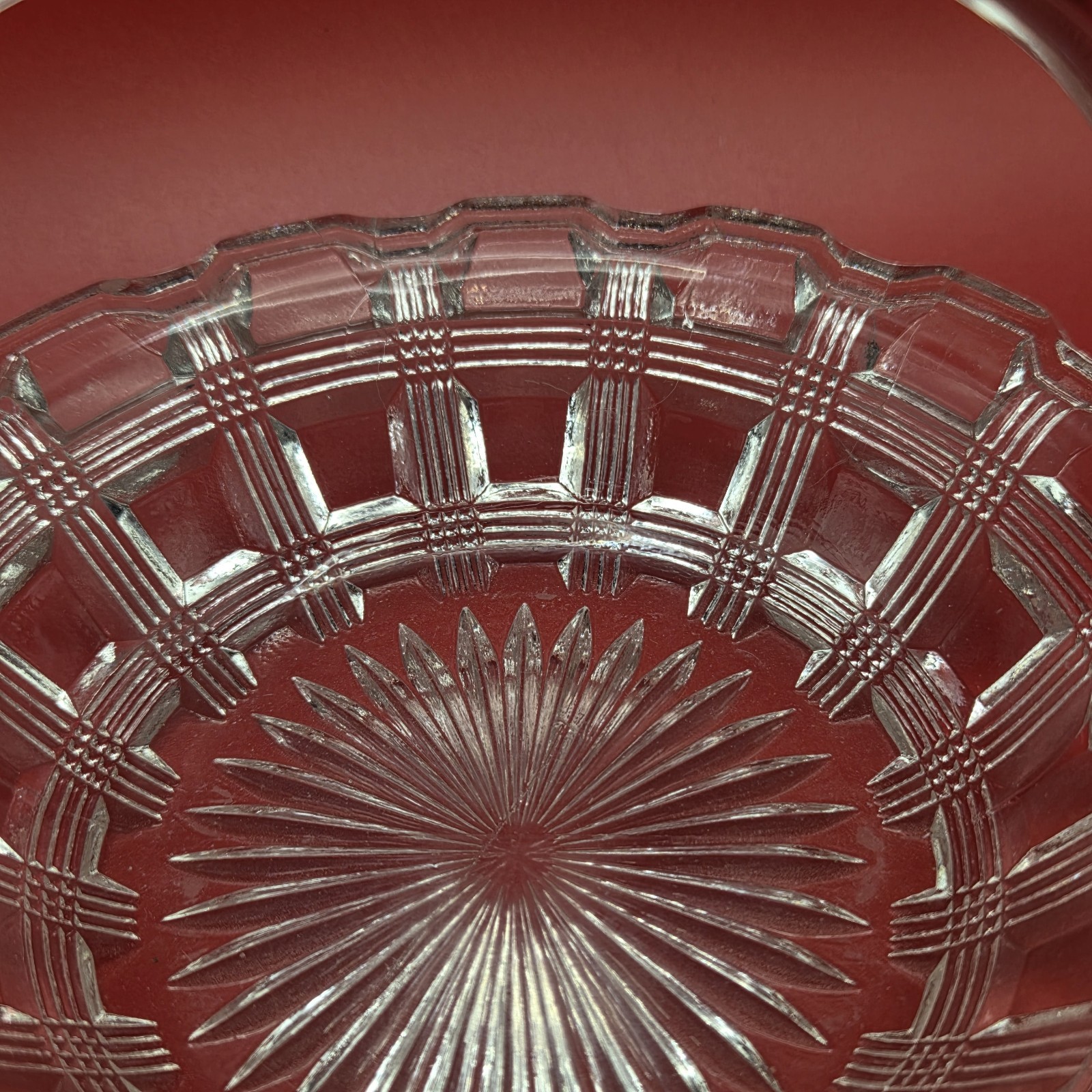 Clear Pressed Glass Mini Basket Candy Dish Trinket Bowl Starburst 5″