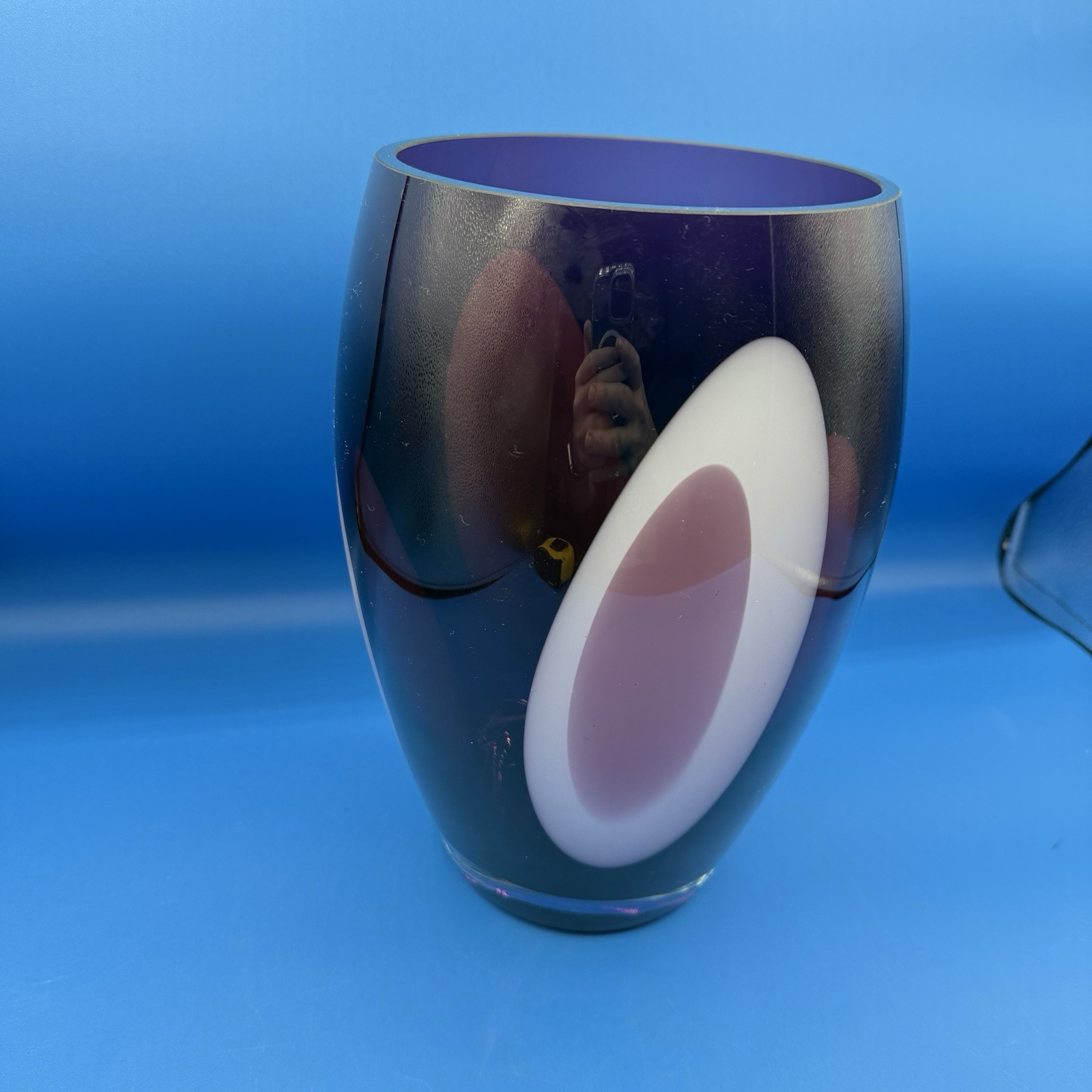 Sasaki Hand Blown Art Glass Crystal Amethyst Vase W/Lavender Swirls 10.5″x7 RARE