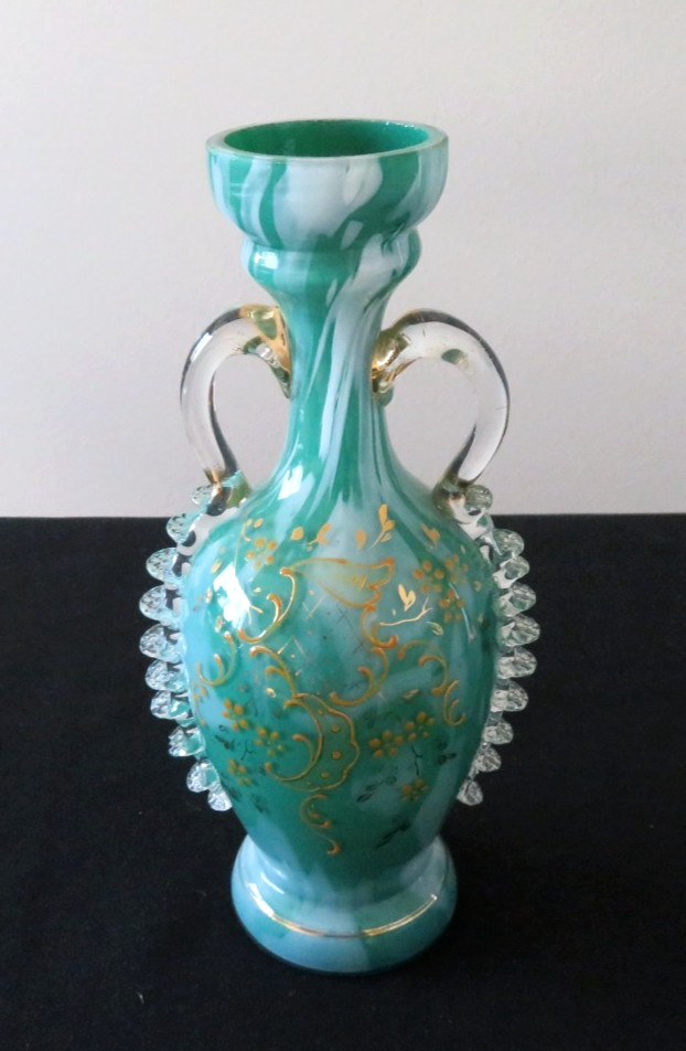 Antique Art Glass Blown Green Slag Enamel Vase Clear Rigaree Exc Cond ca 1900