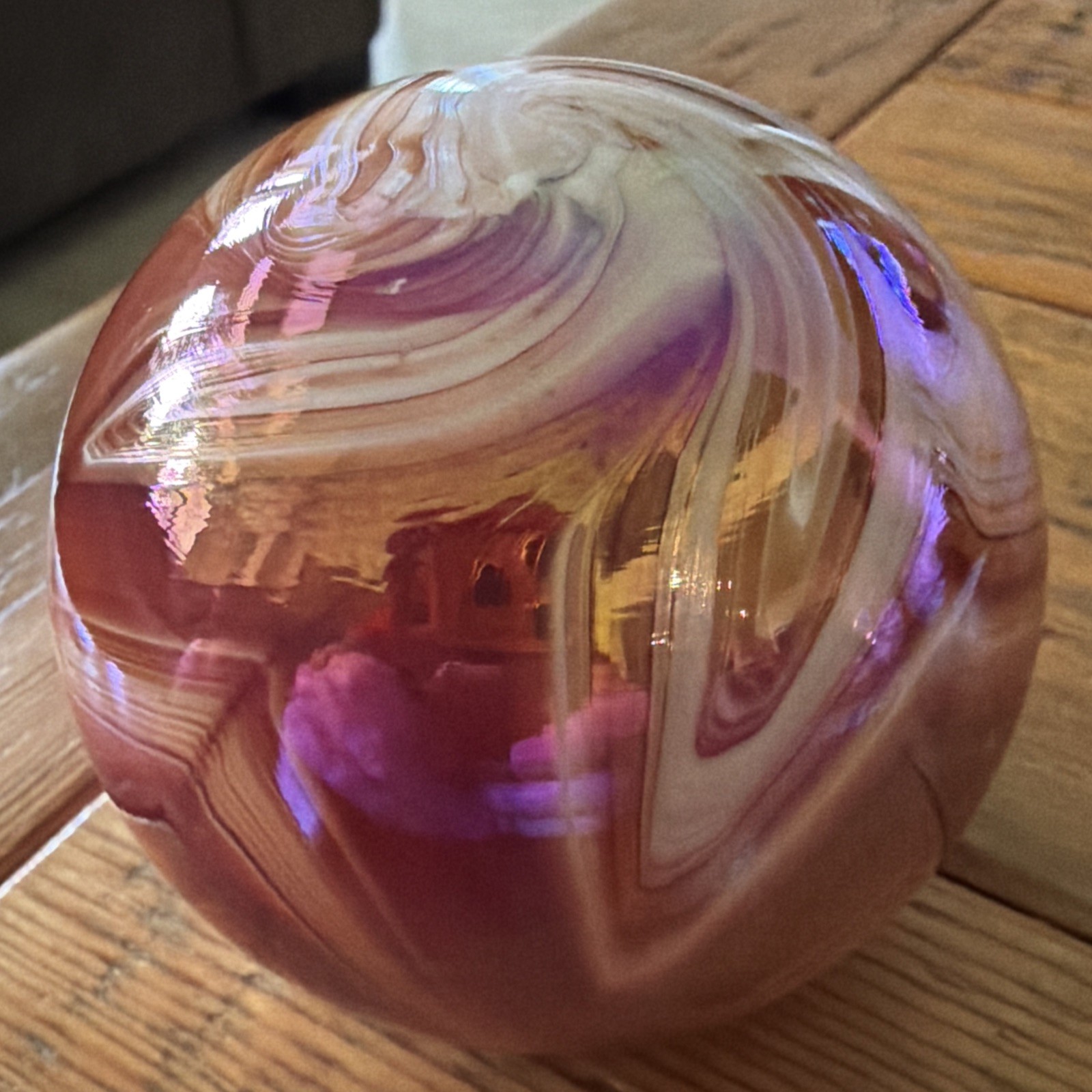 Vintage Gibson Iridescent Art Glass Beige & Orange Paperweight