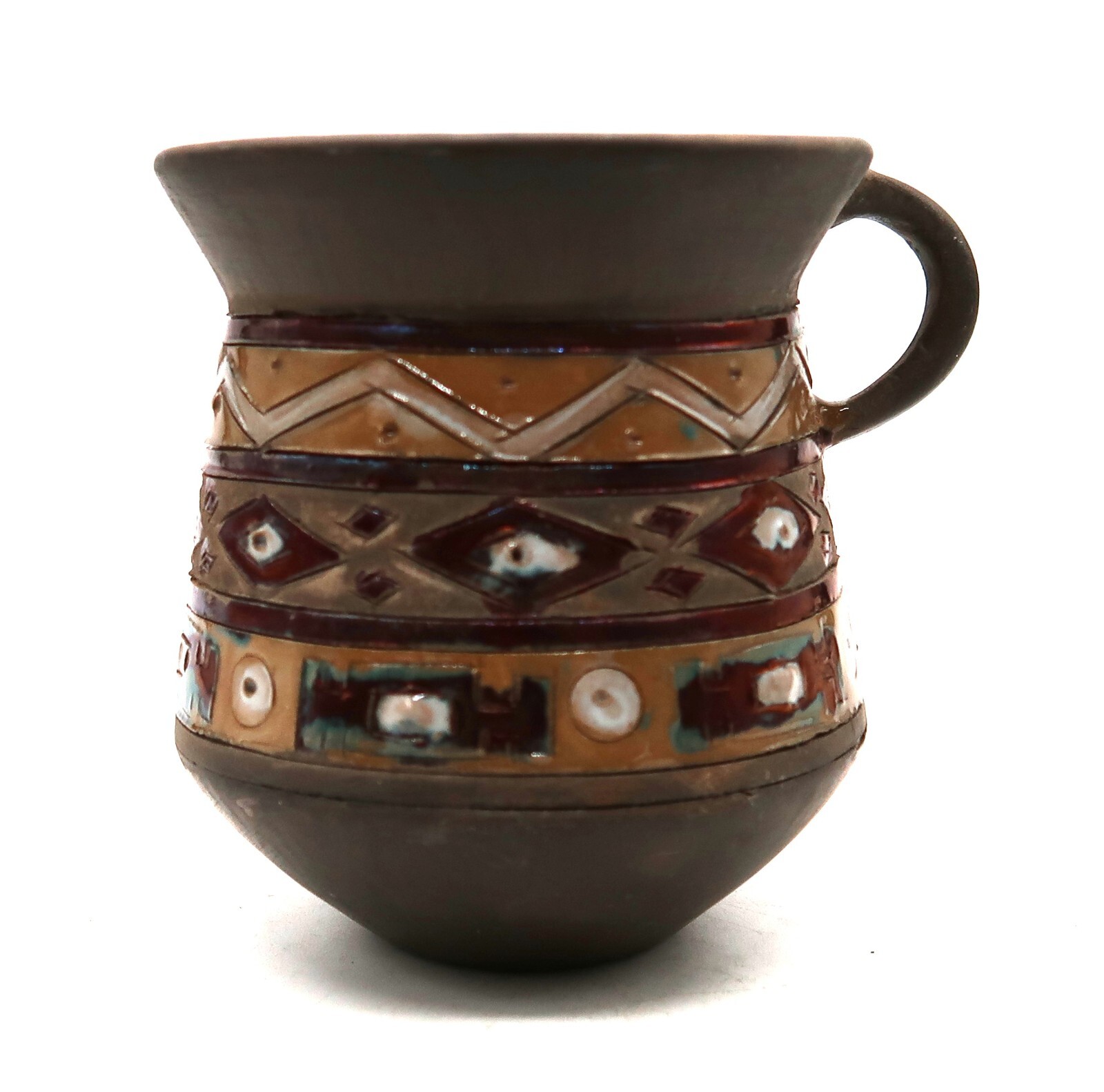 Vintage Clay Handled Cup W/ Tribal Design and Flash Glazed Interior