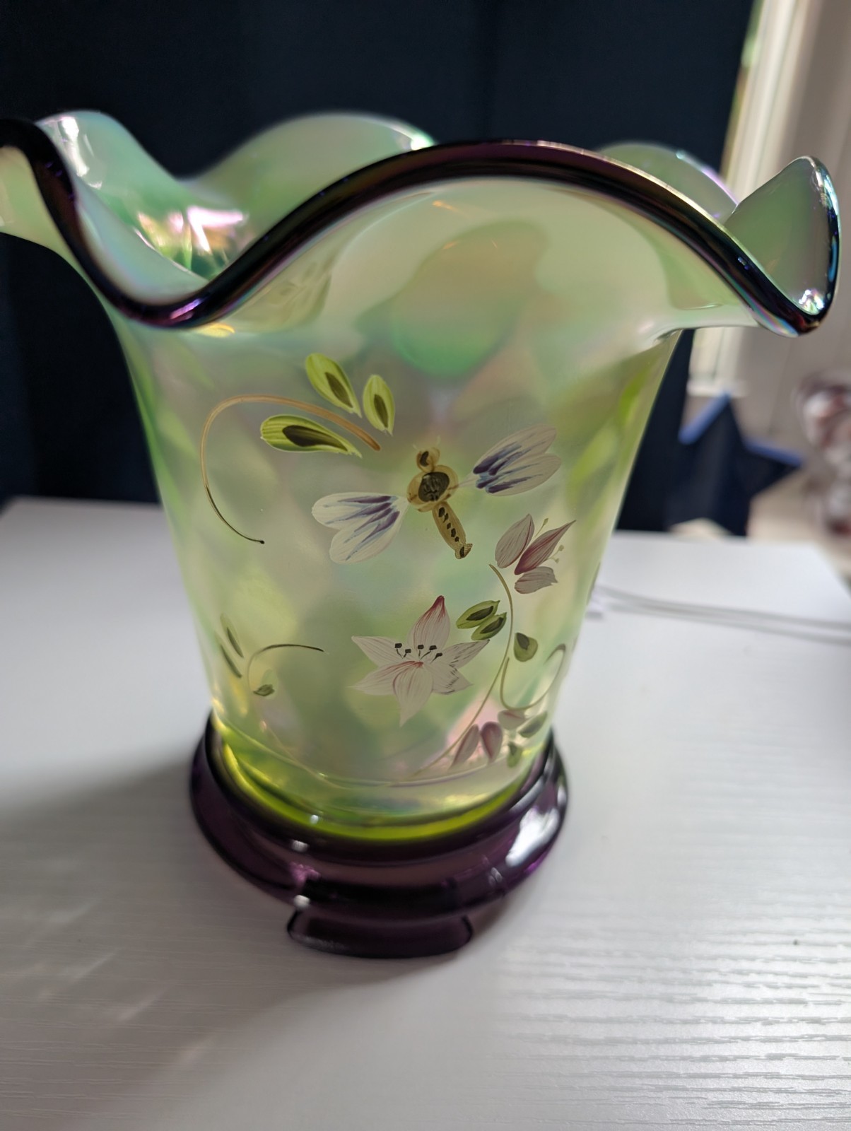 Fenton Glass Topaz Lily Trails Flip Vase Hand Painted and Signed by Artist
