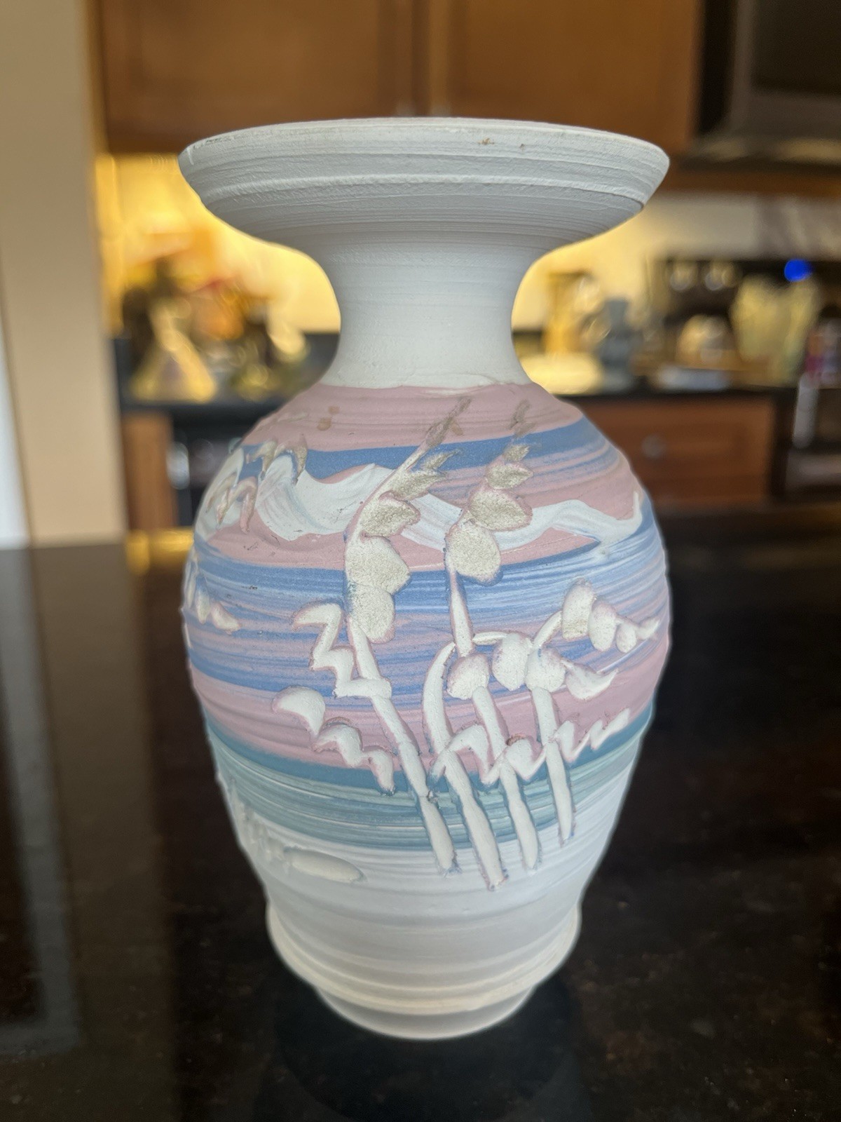 Studio Pottery Beach Vase Signed Ocean Carved Pink Blue Sunset 5×3