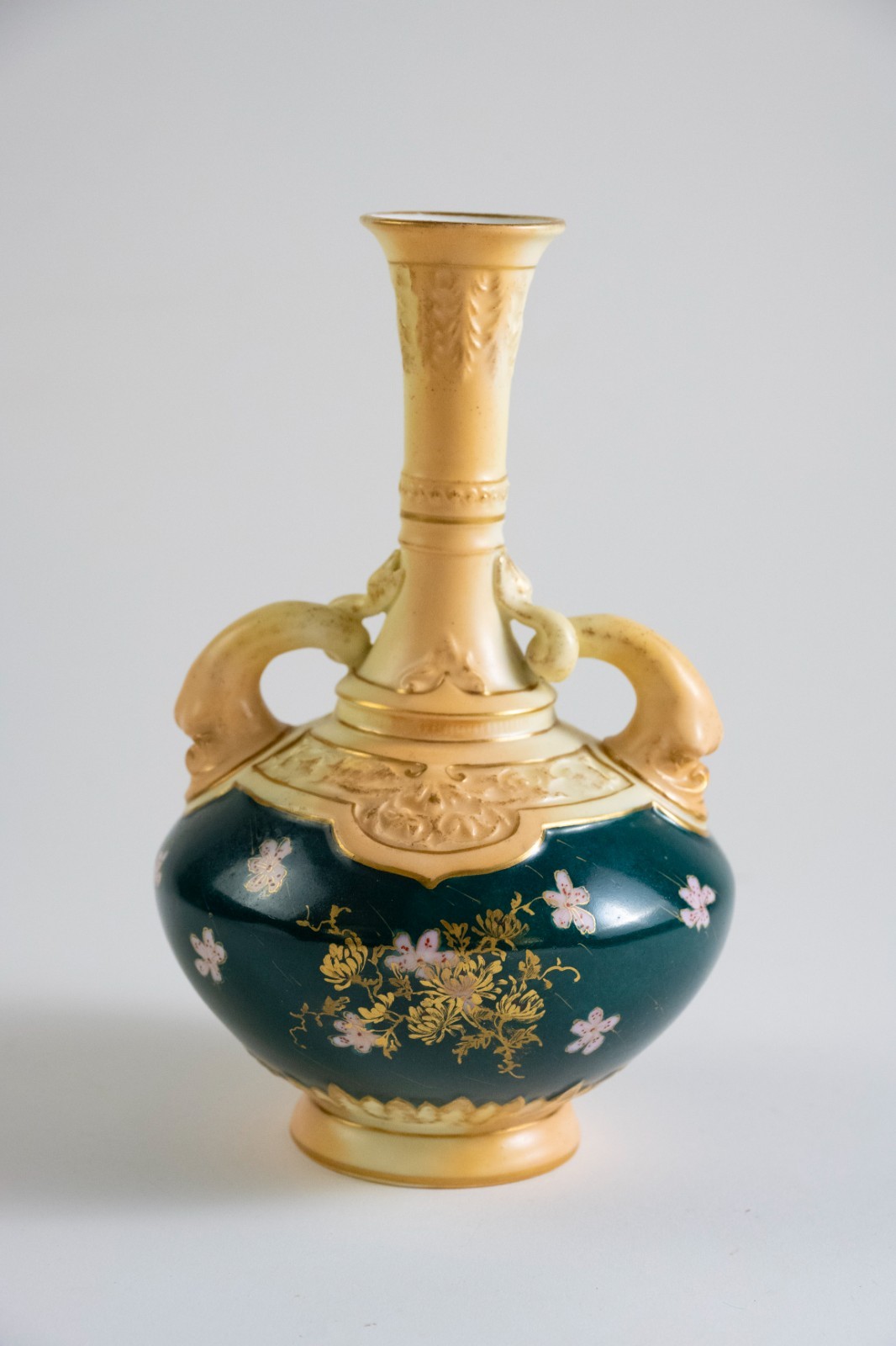 Vintage Rudolstadt German Ceramic Vase 5752; 1887-1918 Ivory Blush, Emerald Gold