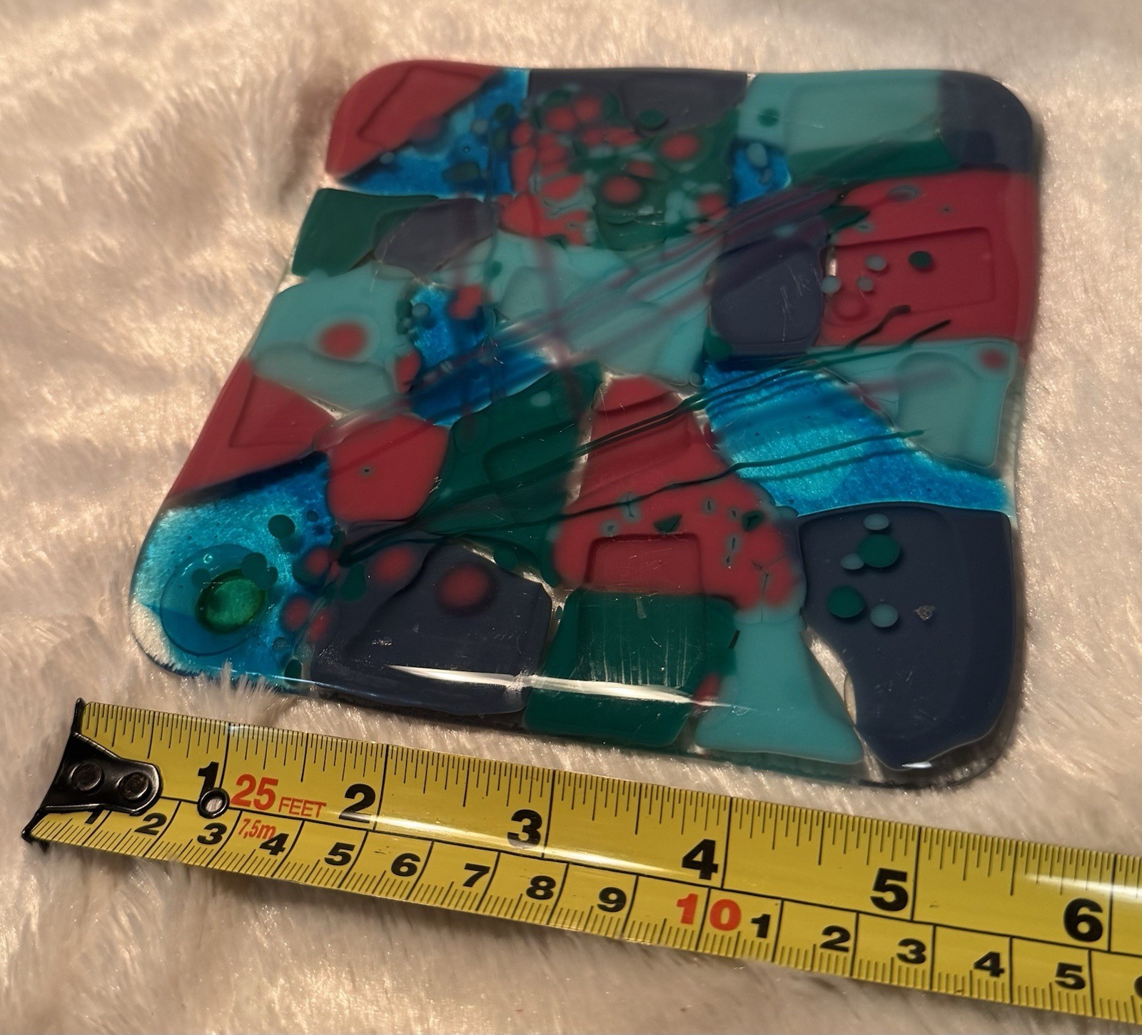 Fused Art Glass Square Candle Holder, Trinket Catcher Coaster Patchwork Colorful