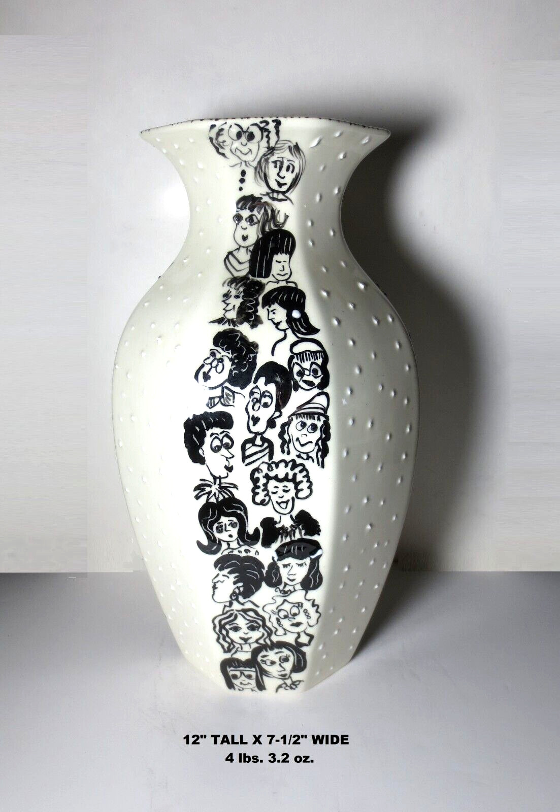 RARE! KANDIS SPECTOR “CARTOON FACES” HAND PAINTED SPECKLED GLAZED PORCELAIN VASE