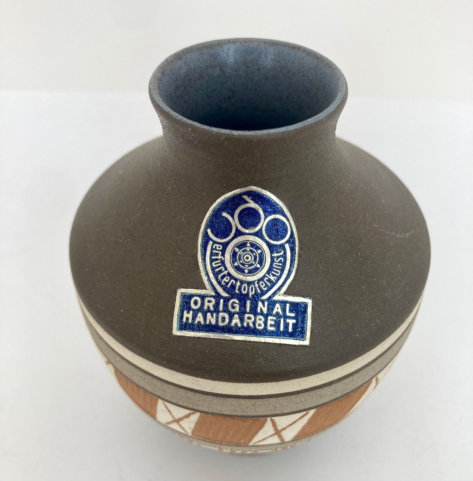 HANDARBEIT ORIGINAL Signed West German Etched Pottery 4” Small Cabinet Vase MCM
