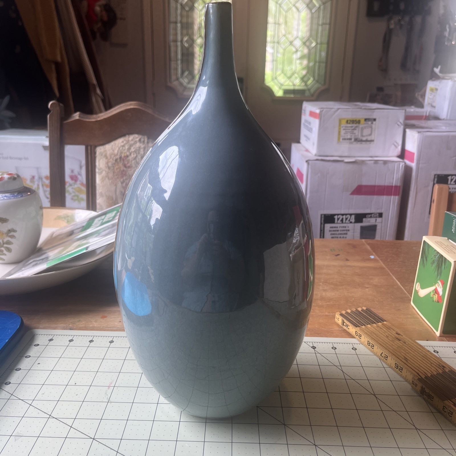 Global Views Milo Ceramic Vase Blue Medium 15.5” Glossy Sculptural Art Modern