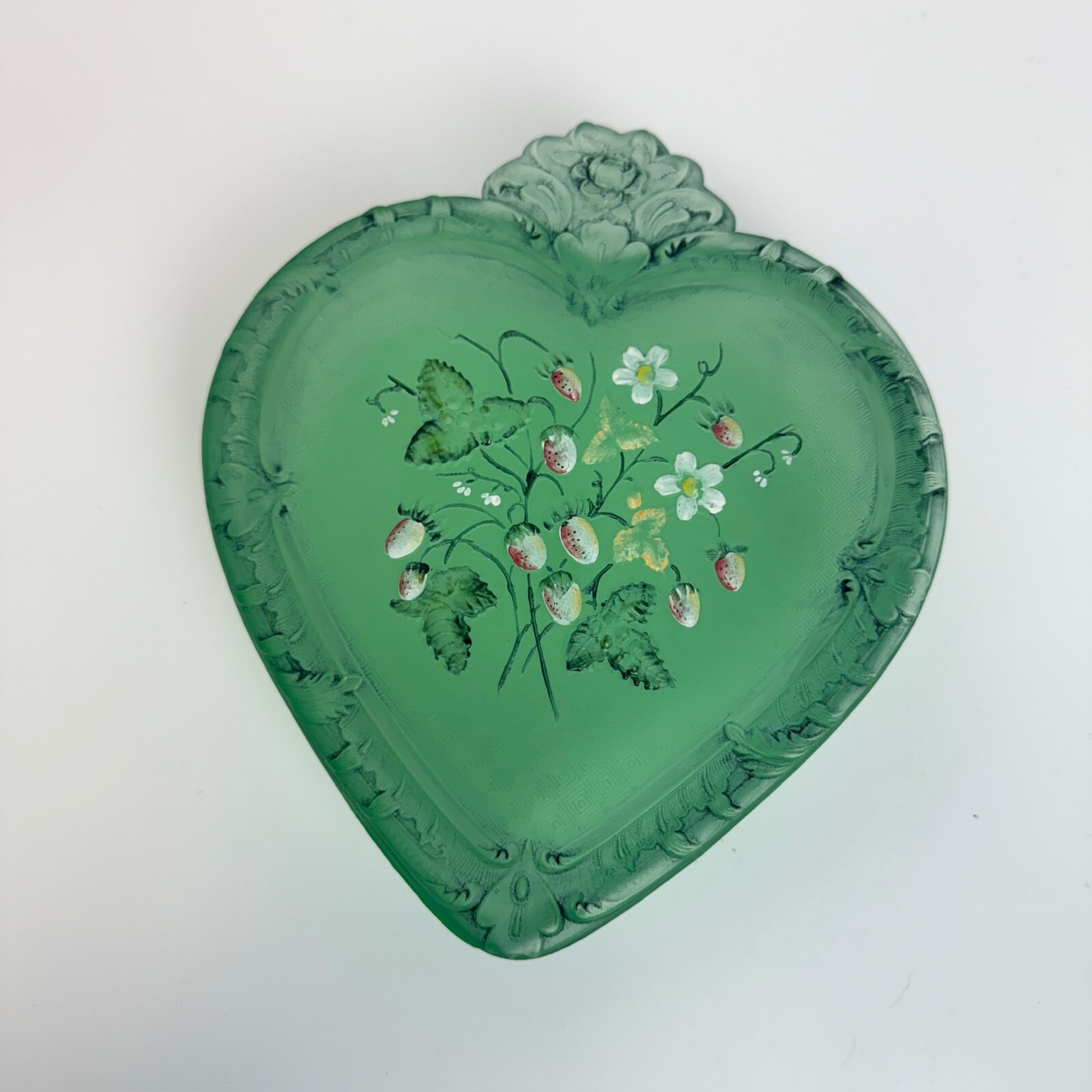 Vintage Fenton Favorites 2003 Handpainted Heart Shaped Trinket Box Stamped Green