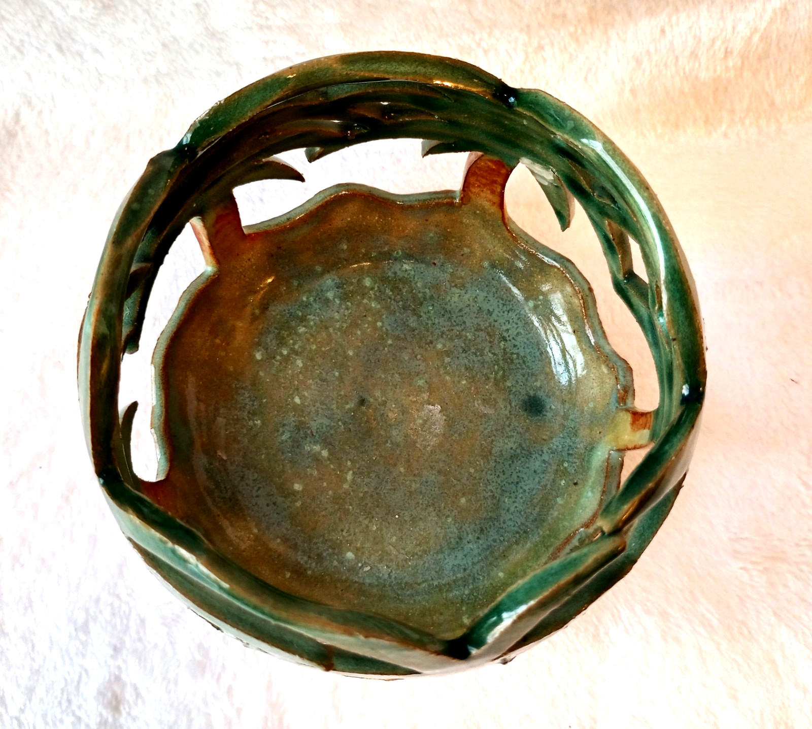 Art studio Pottery Palm Trees Motif Votive Candleholder Artist Signed Stoneware