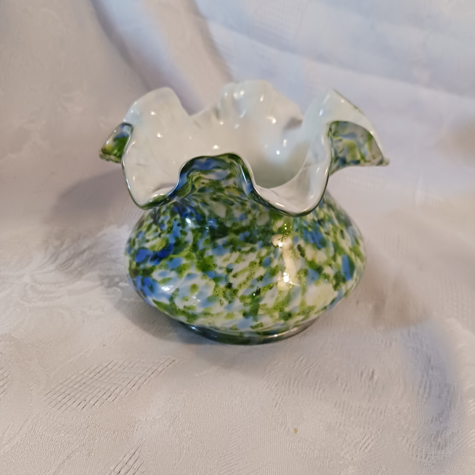 VTG Fenton Vasa Murrhina Blue Green Adventurine Vase Ruffle Edge MINT