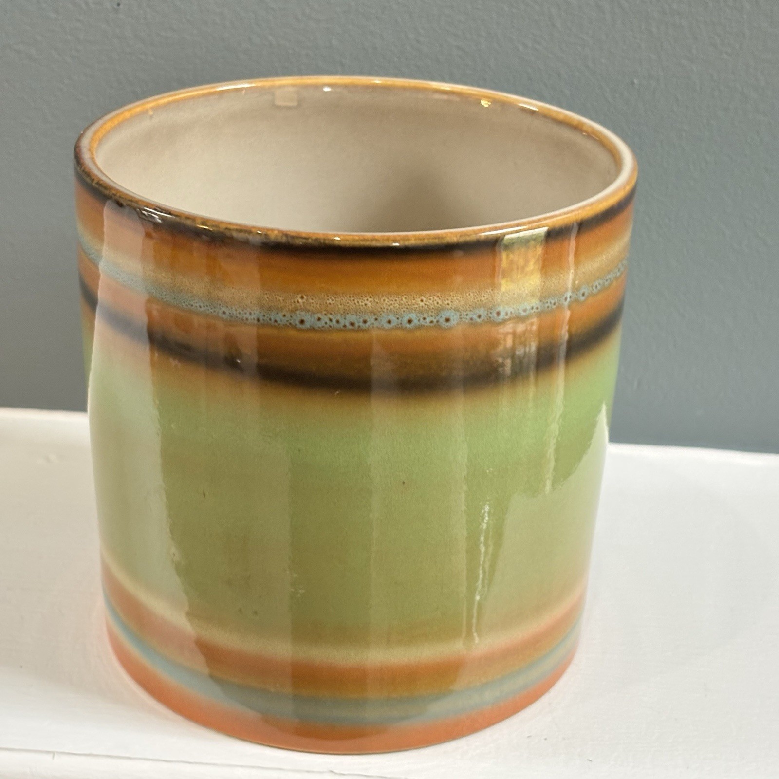 MCM Multi-Colored Hand Painted Glazed Crock Vase 5-1/8” Tall & Diameter