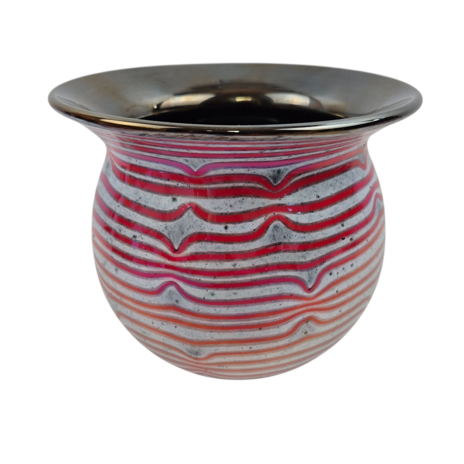 Studio Art Glass Vase Red Ribbon Stripe Black interior Hand Blown Contemporary