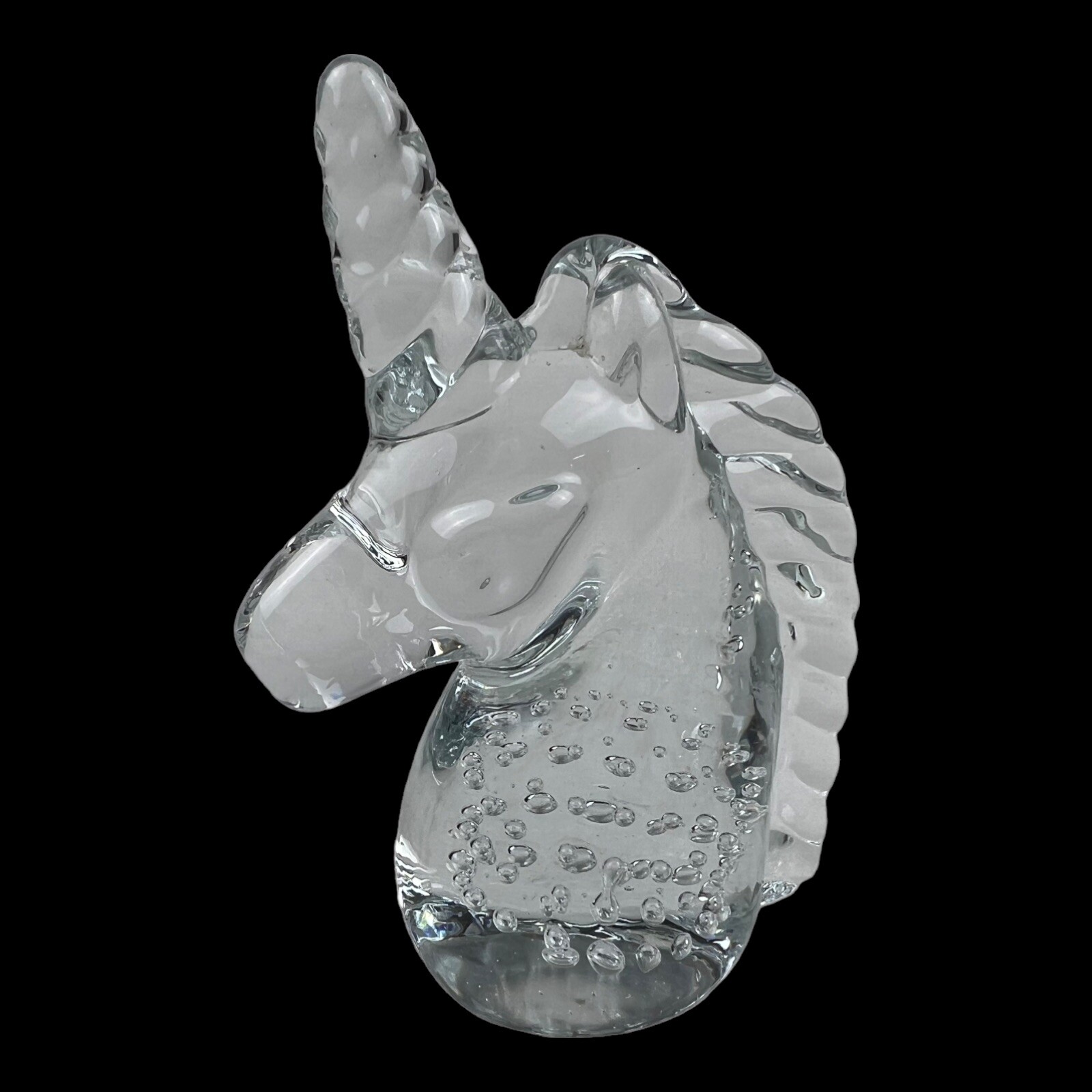 Unicorn Glass Paperweight Figurine Clear Glass Controlled Bubbles 4.5″ Tall