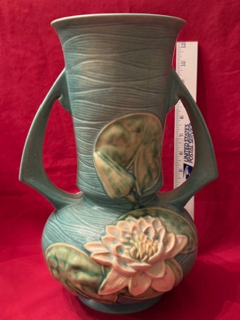 Large 12 in 1940’s Roseville Pottery Blue Water Lily Vase with Handles #81-12″