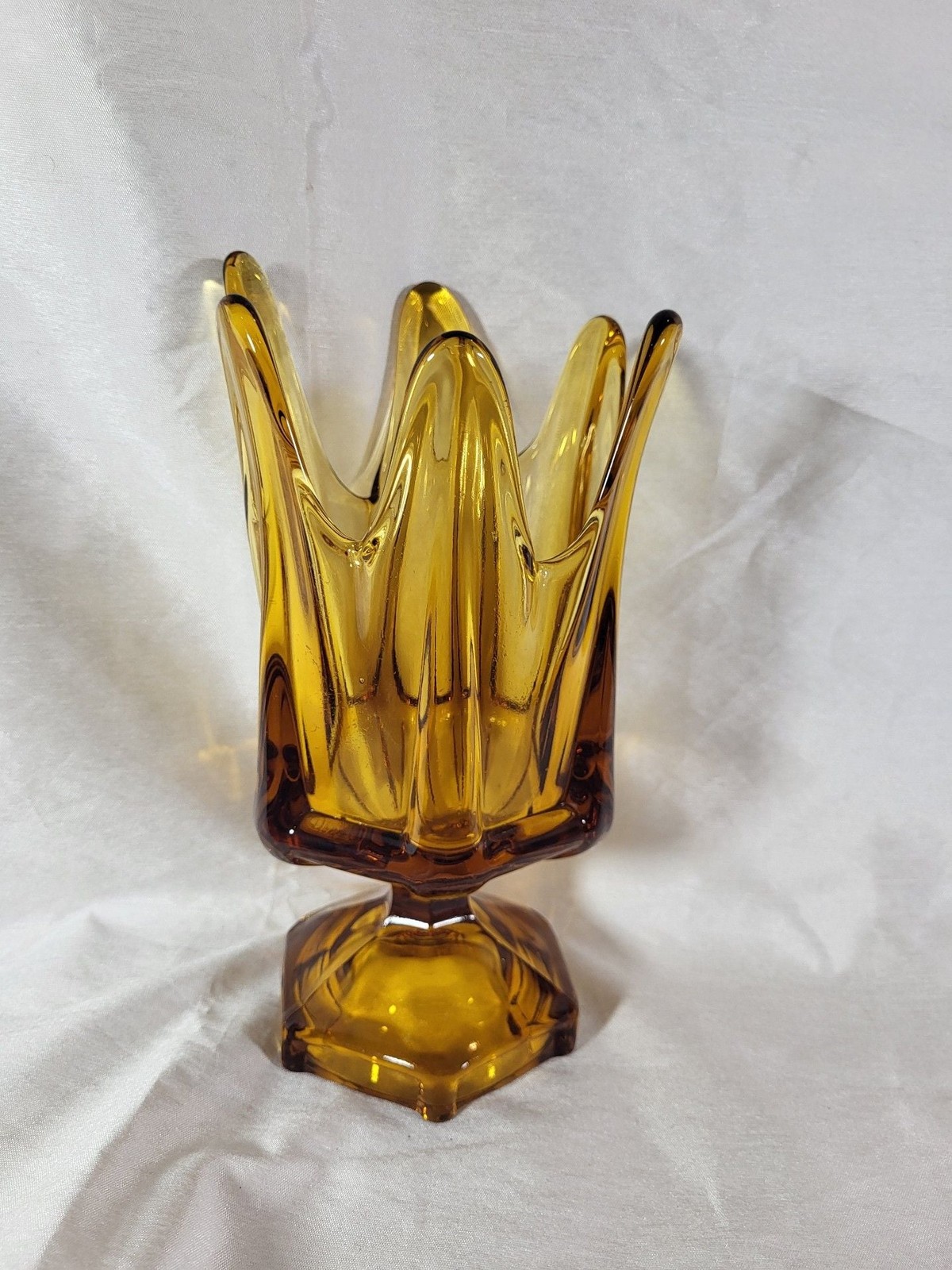 Vintage Viking Glass Mid-Century Modern Amber 6-Finger Pedestal Vase