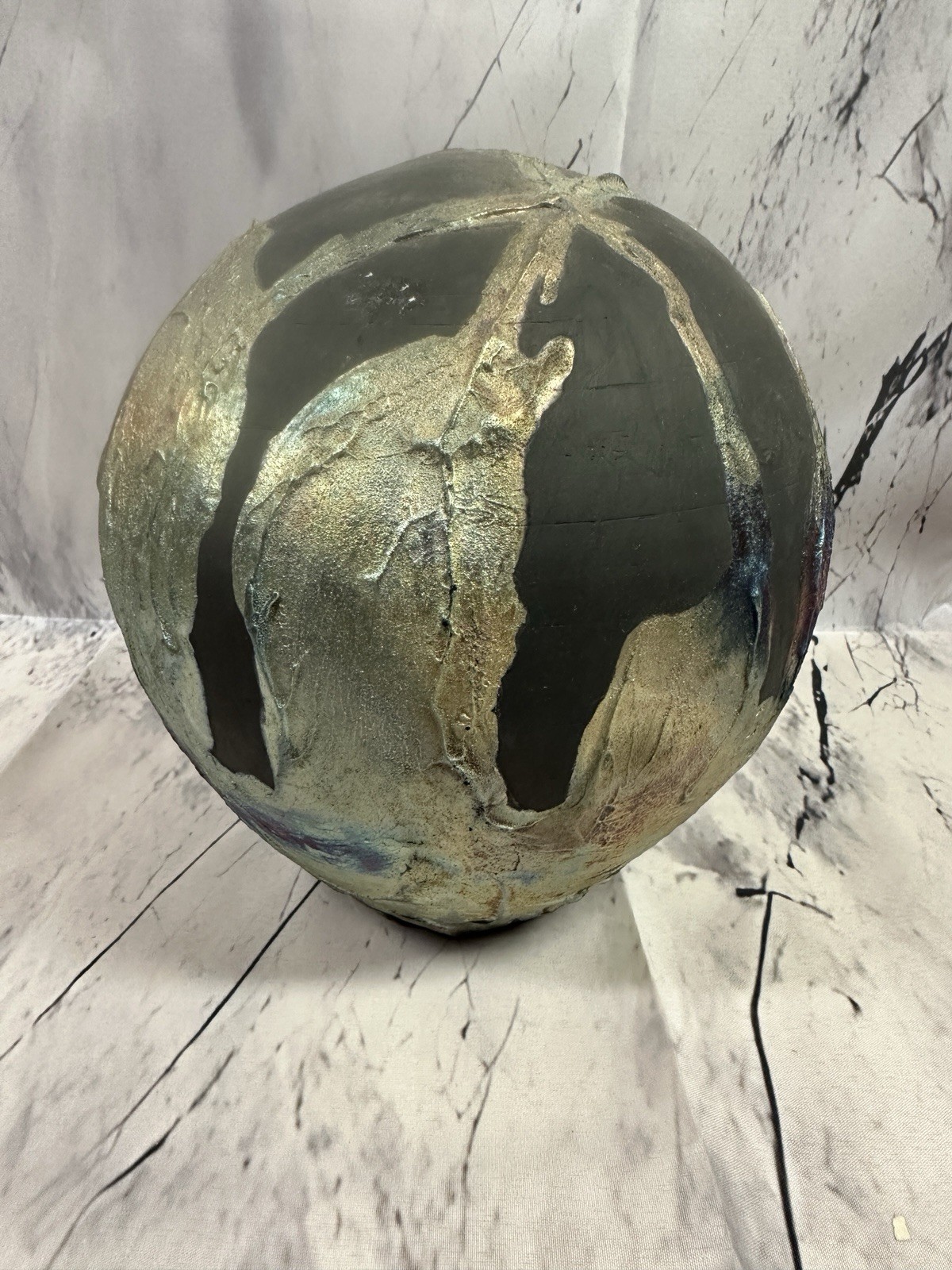 Handmade Raku Pottery Sphere Vase Sculptural Art Ball Black Gold 8in