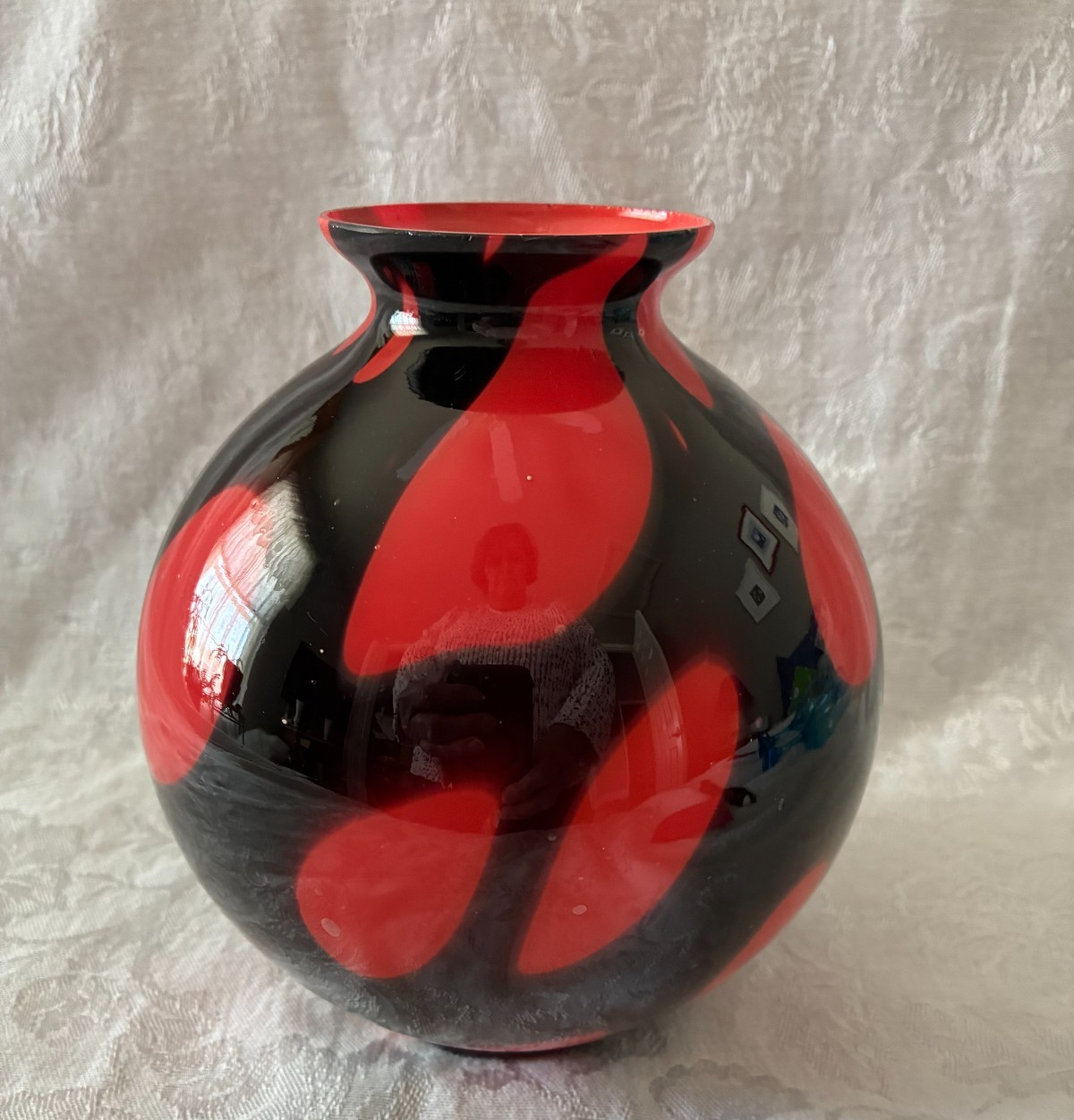 Czechoslovakia Art Glass Black and Red Round Vase