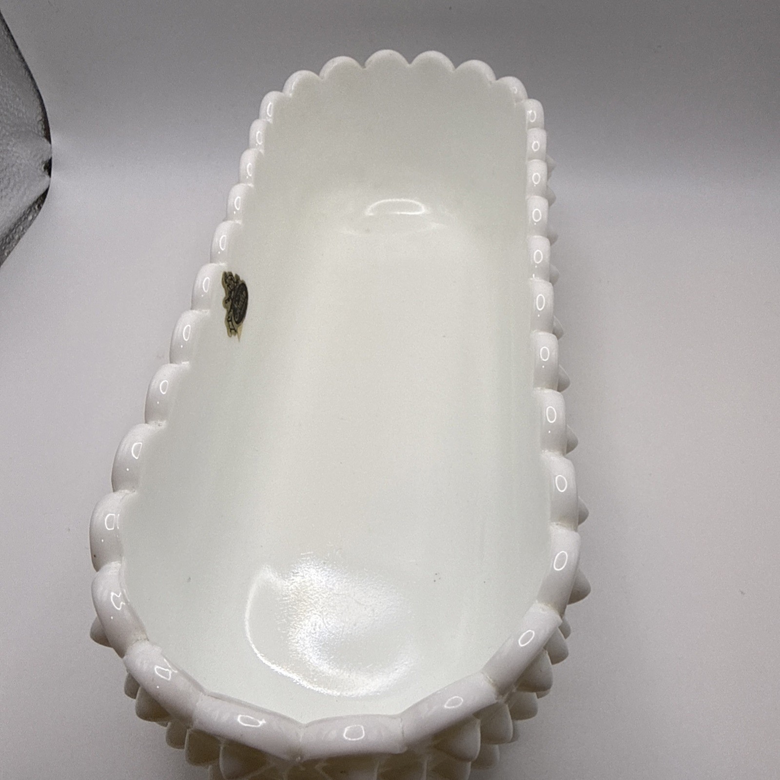 Fenton Oval White Milk Glass Hobnail Planter Dish Scalloped Edge