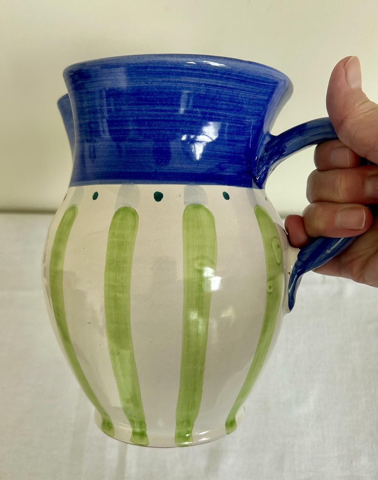Italian Pottery Pitcher Blue Green Striped Country Fair Made In Italy