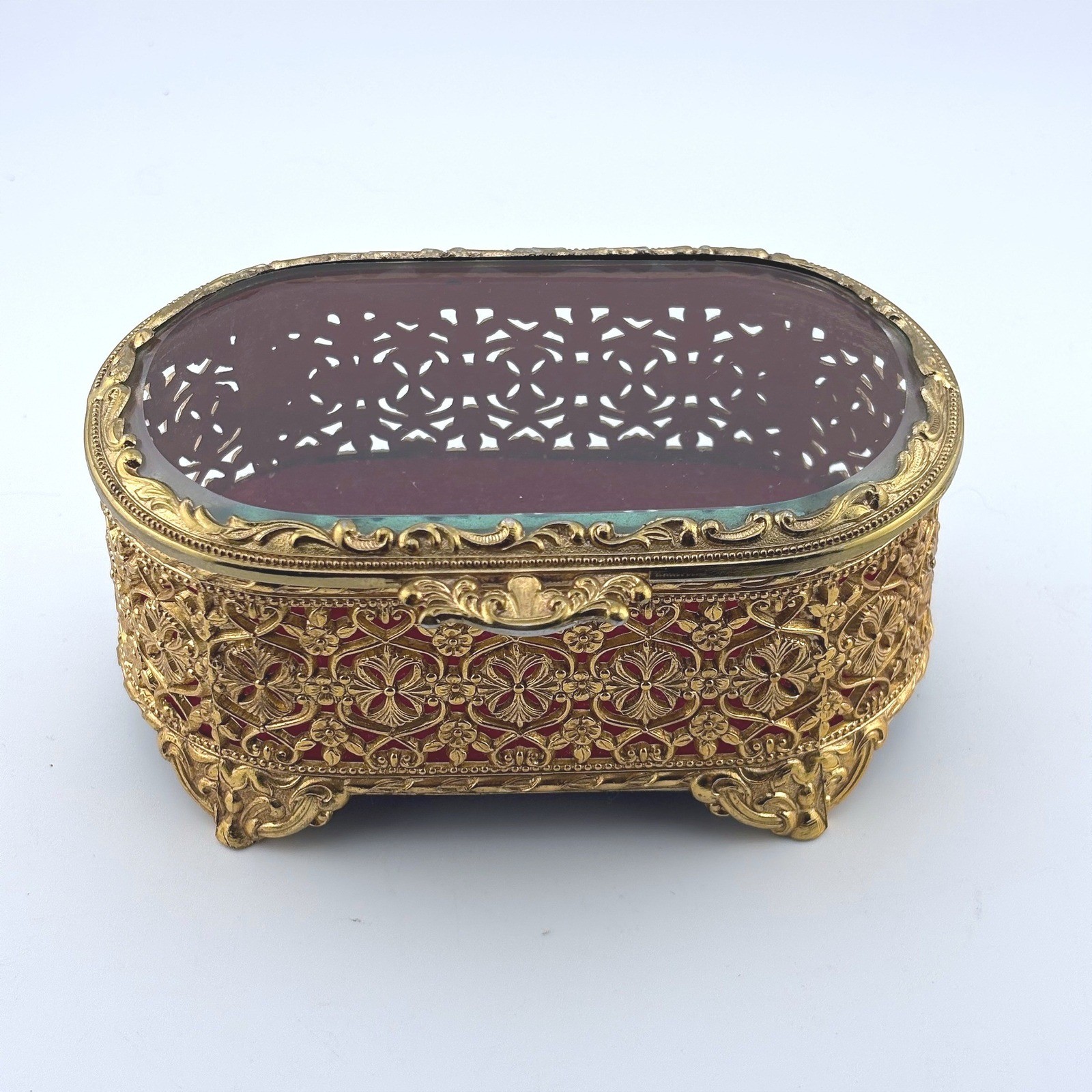 Vintage Mele Gold Filigree Casket Jewelry Box Beveled Glass Japan