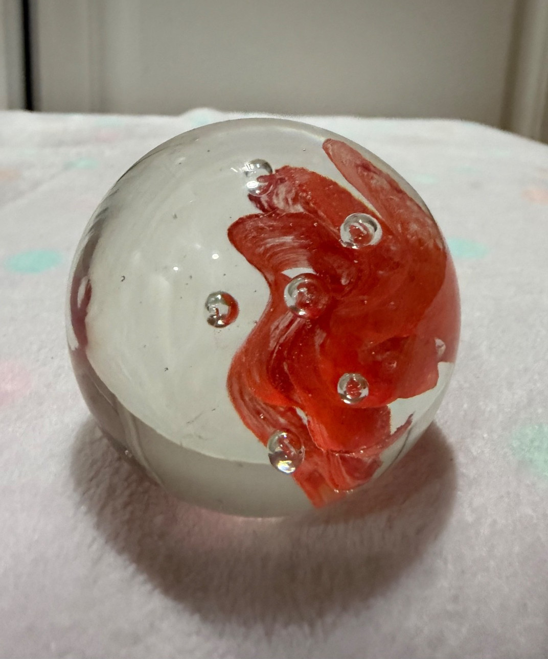 Vintage art glass paperweight Murano Style Orange Flower Encapsulated Sphere