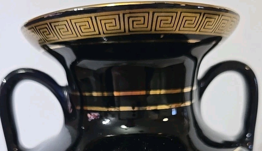 Vtg 8.5″ SPYROPOULOS Pottery Ancient Grecian Style Greek Vase Black & 24 K Gold