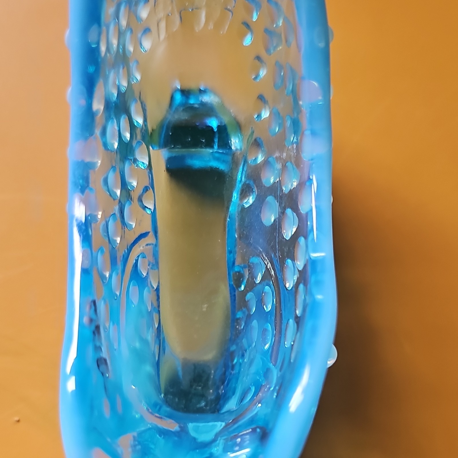 Blue Glass Shoe Figurine, Hobnail Pattern, Art Glass, Glossy Finish, Decorative