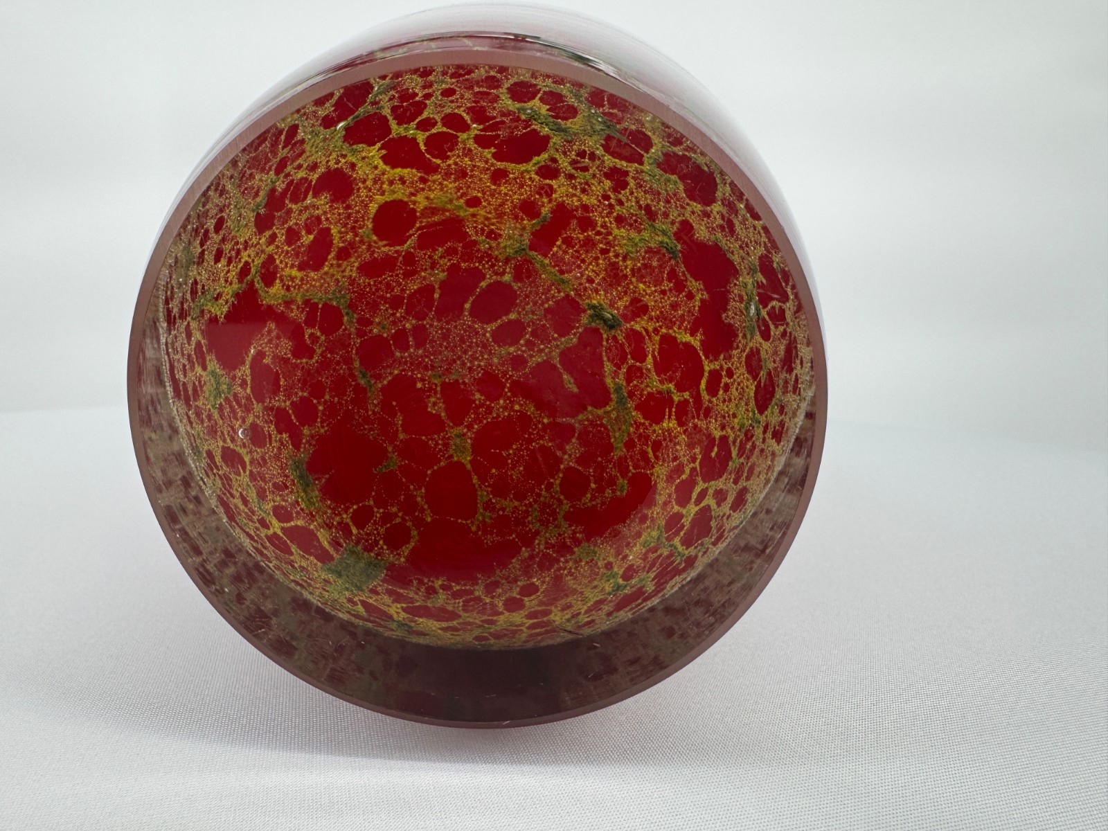 Art Glass Vase Red, Gold and Sage with White Rim 10.5″ tall Beautiful! #479