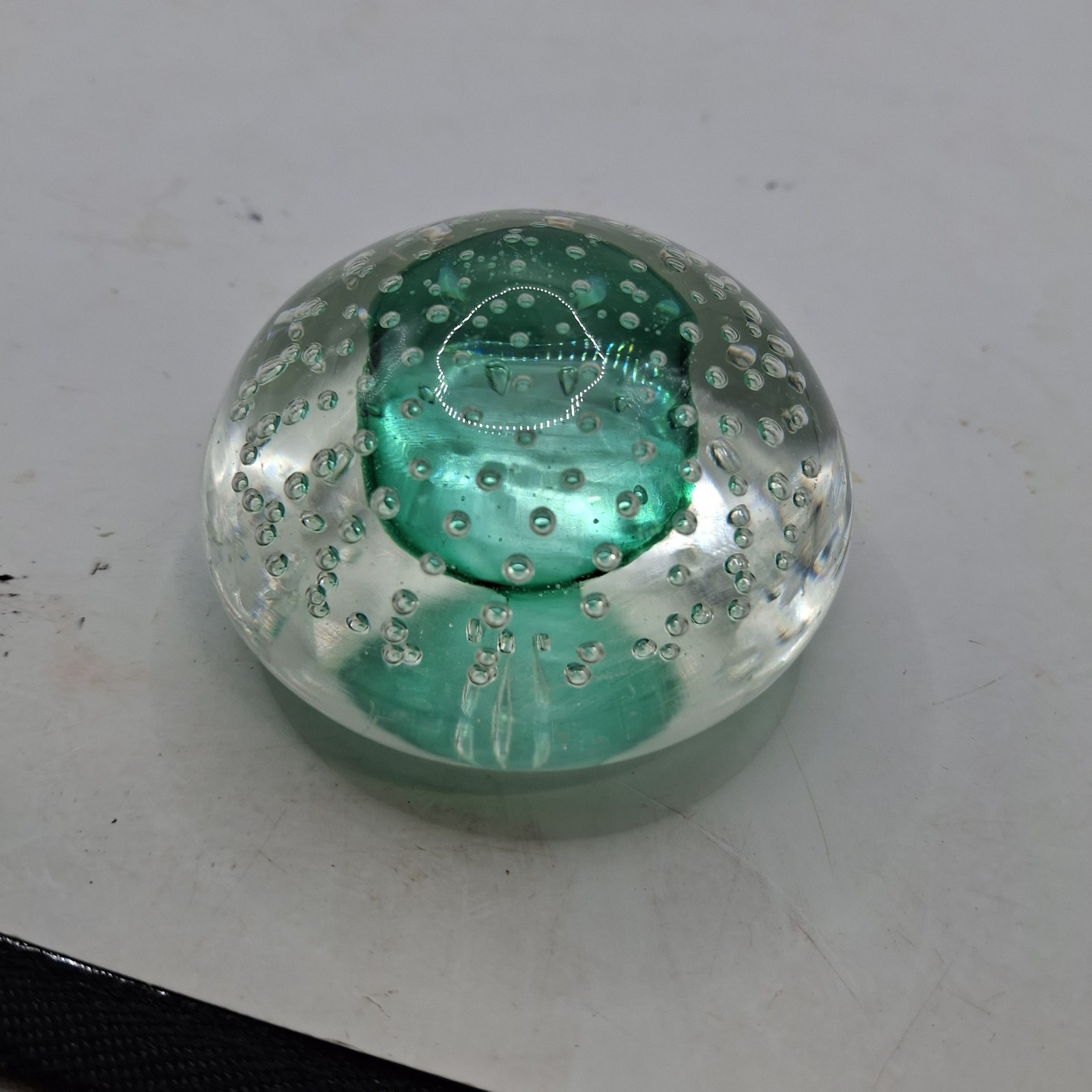Vintage Glass Controlled Bubble Paperweight Aqua