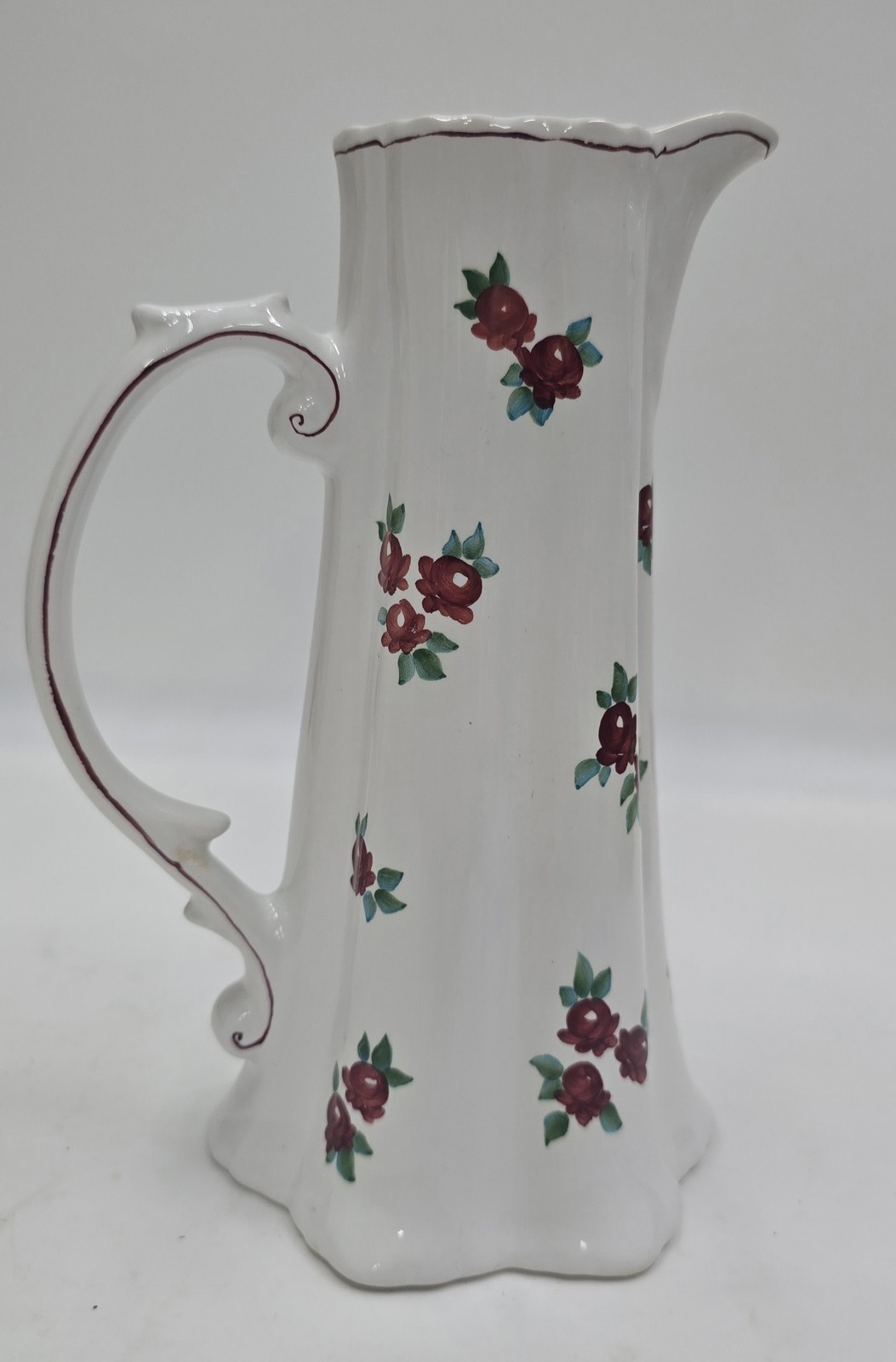 Andrea by Sadek White Ceramic Pitcher Vase Red Rose Floral Scalloped Rim Decor
